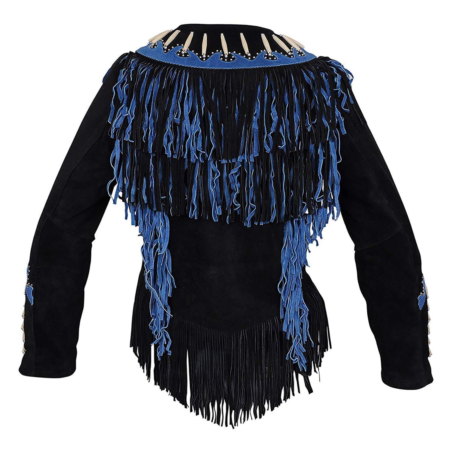 Black Suede Leather Jacket Blue Fringes For Women side view