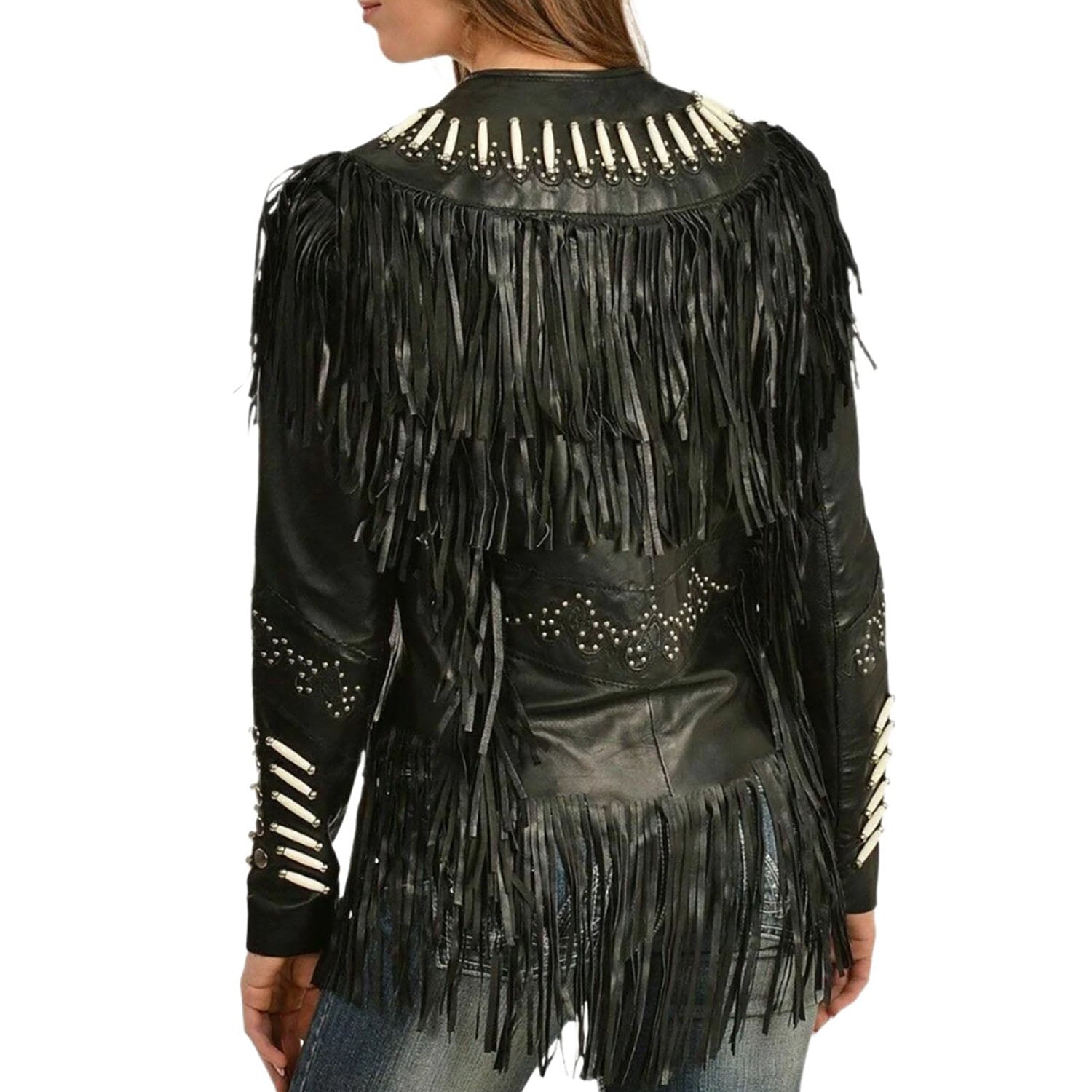 Black Leather Fringe Bone work Biker Jacket For Women side view