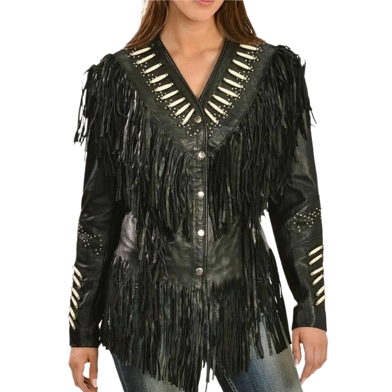 Black Leather Fringe Bone work Biker Jacket For Women front view