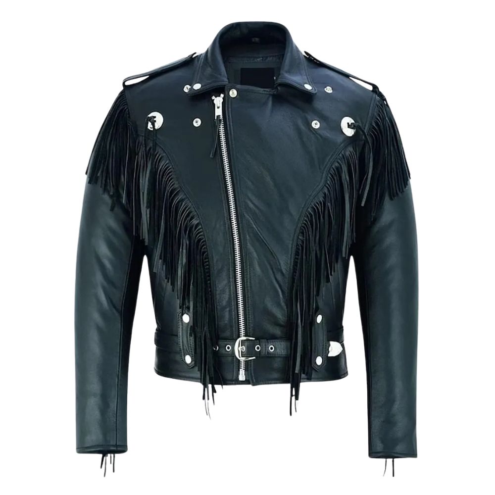 Back view showing the black cowhide leather fringe jacket with belt accent