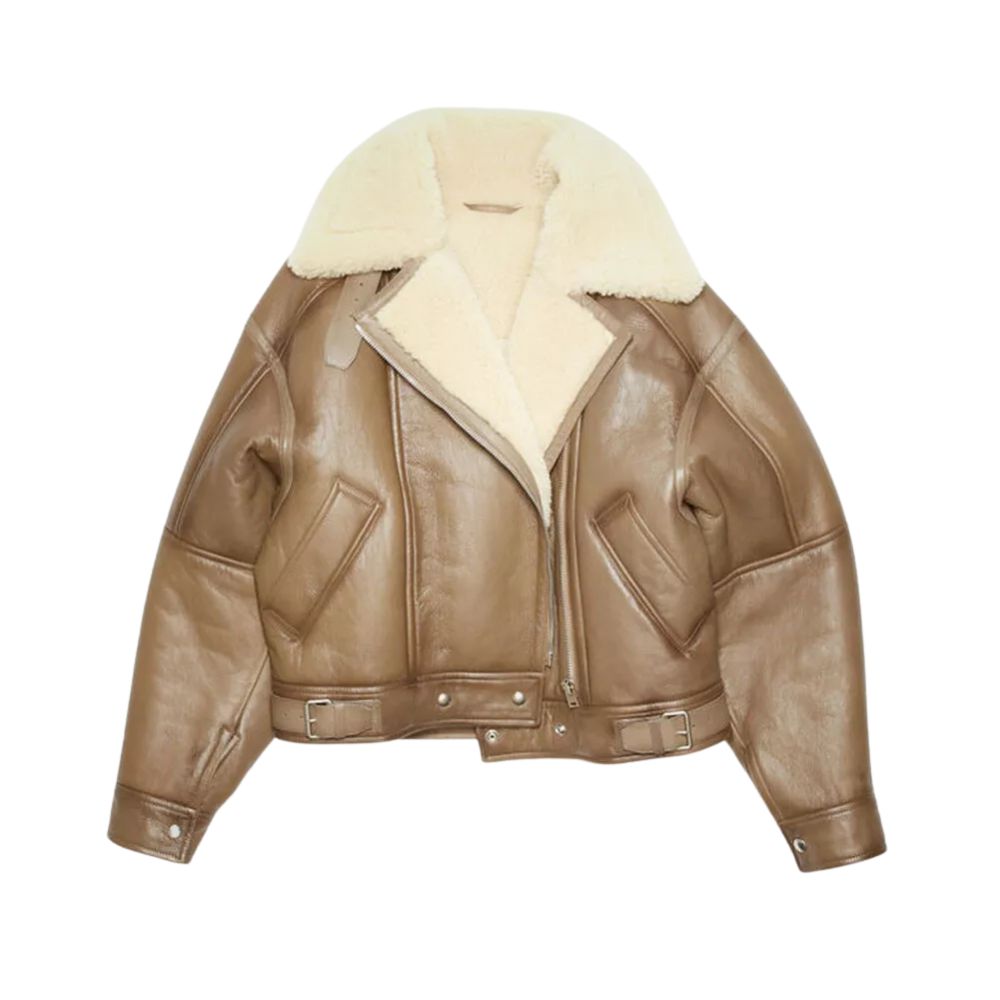 Women's Brown RAF B Aviator Bomber Cowhide Leather Jacket with Fur front view