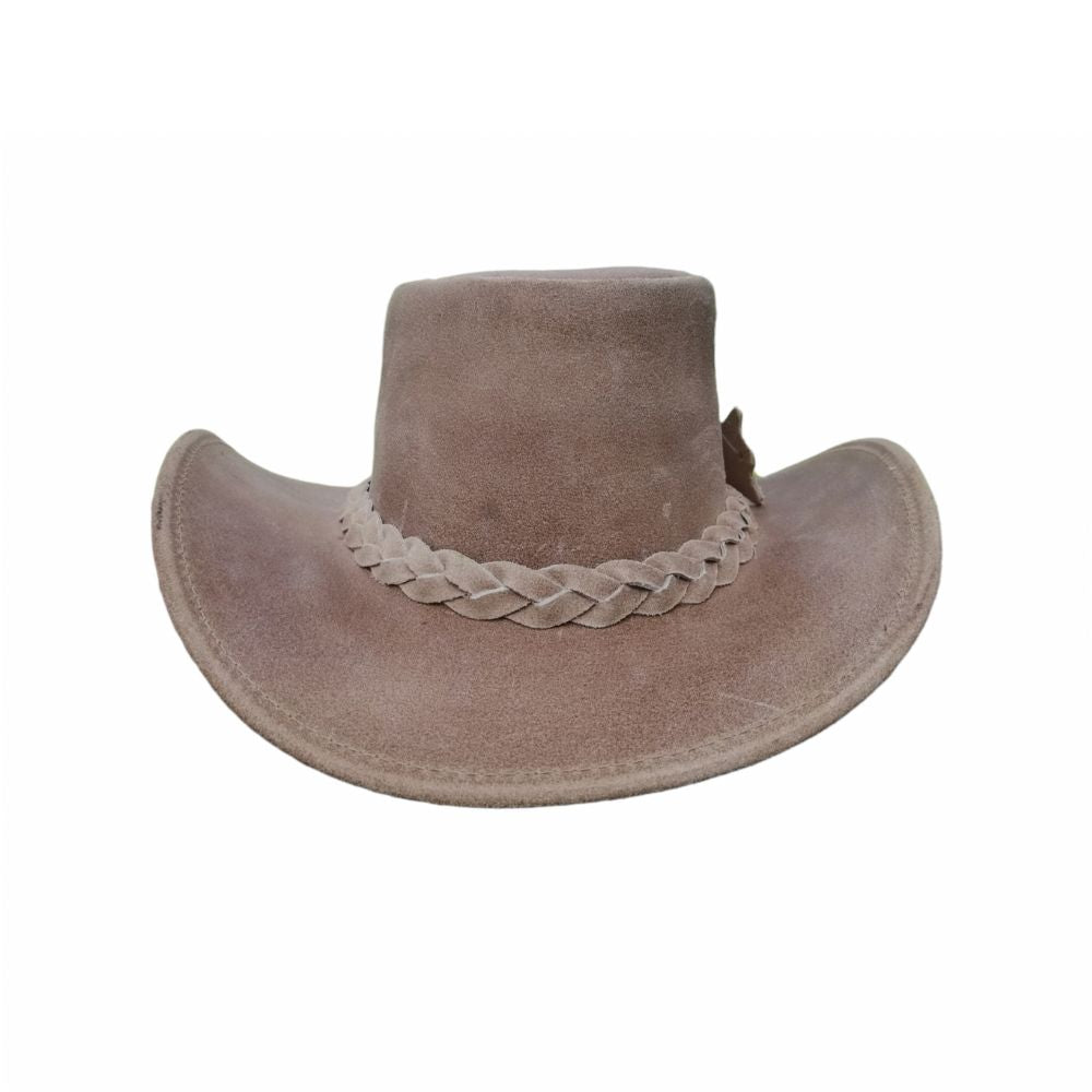 Brown suede cowboy hat with braided band on a white background