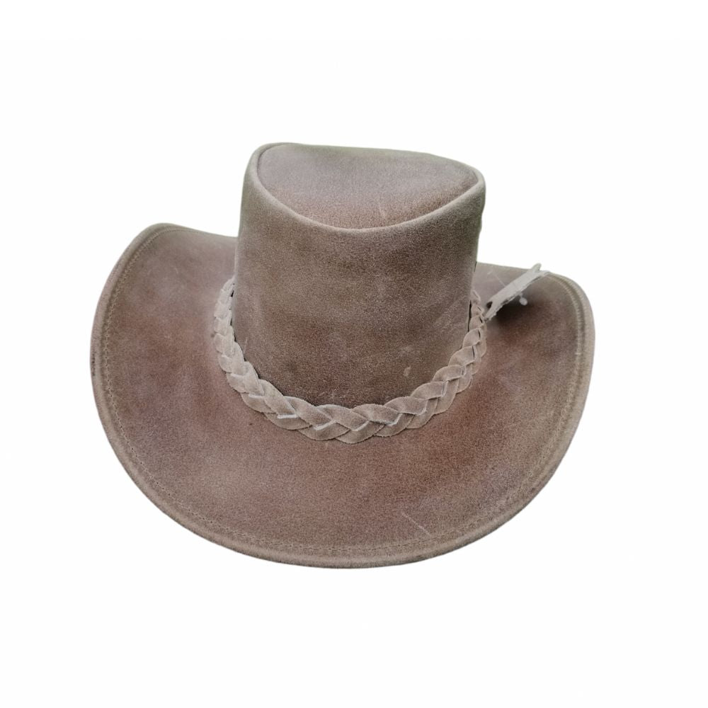 Brown suede cowboy hat with braided band on a white background