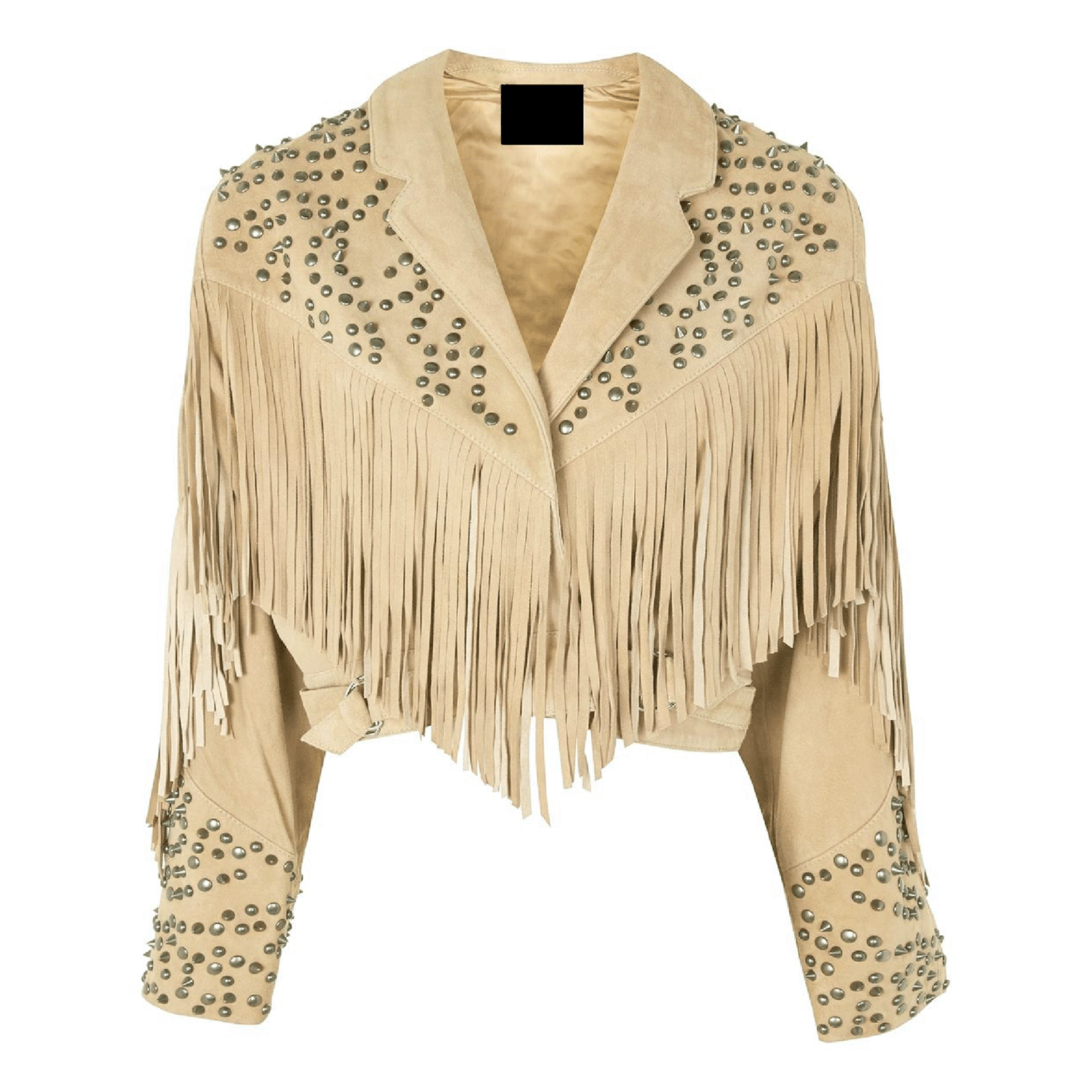 Beige Suede Leather Fringe Studded Jacket For Women front view
