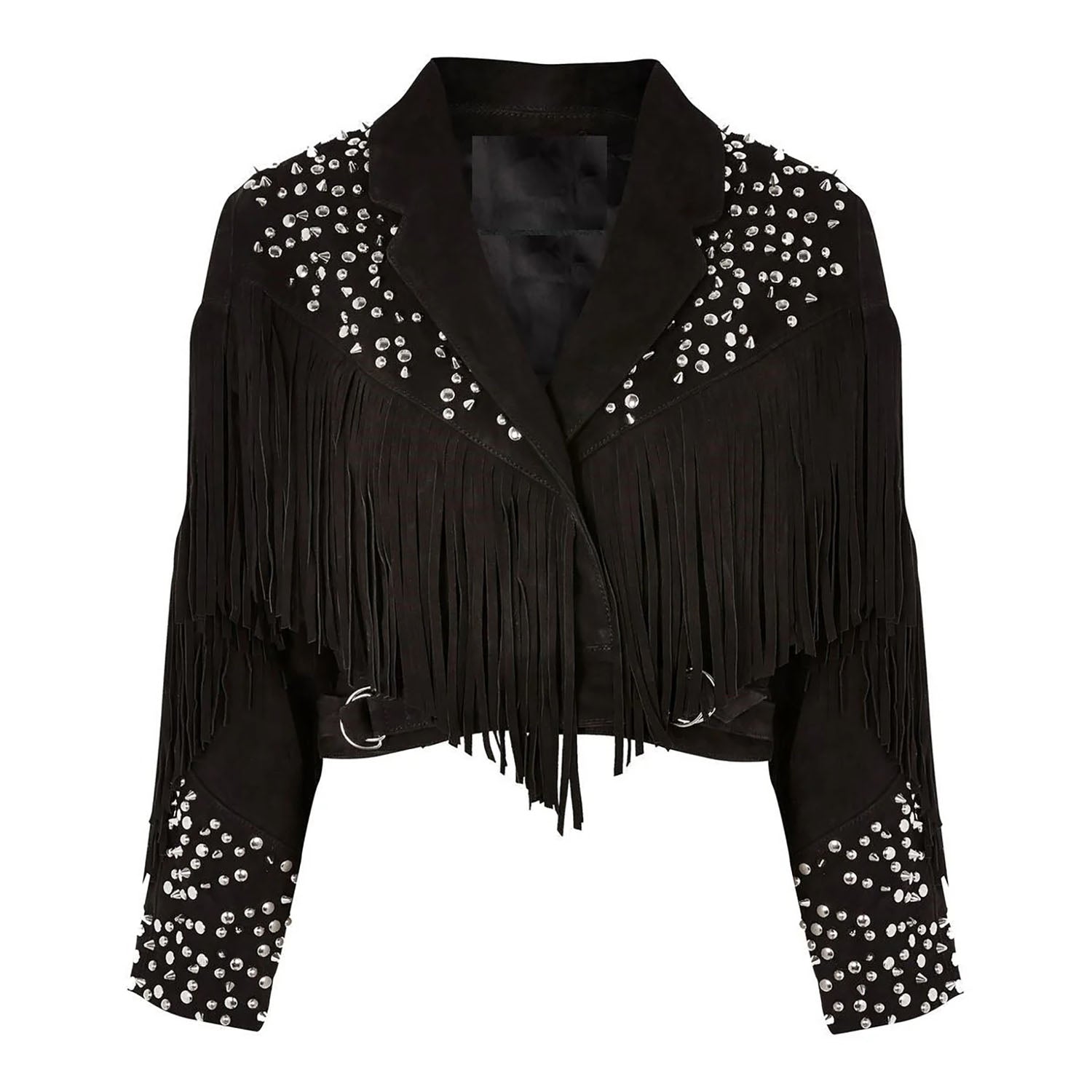 Beige Suede Leather Fringe Studded Jacket For Women side view