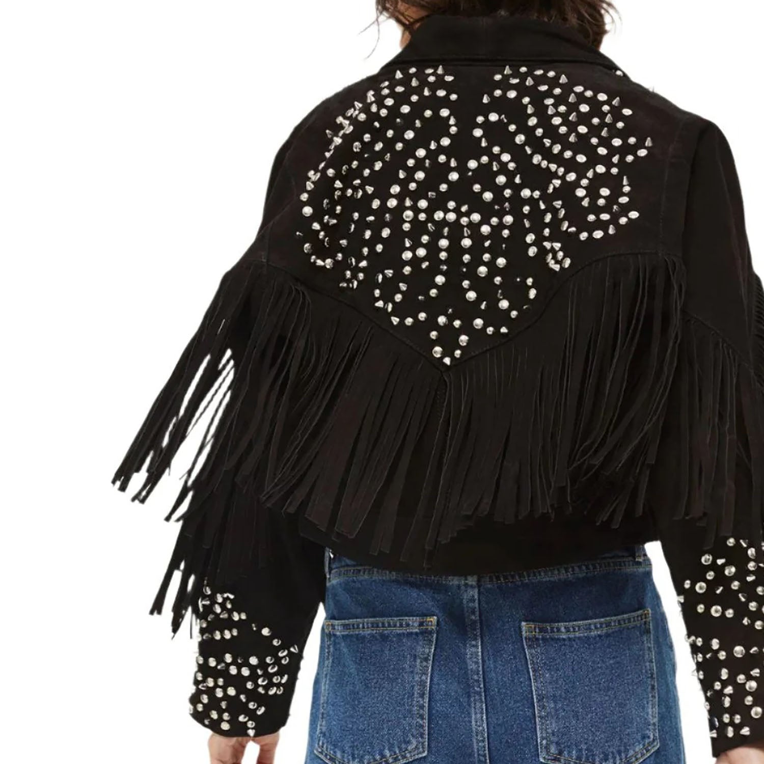 Beige Suede Leather Fringe Studded Jacket For Women back view