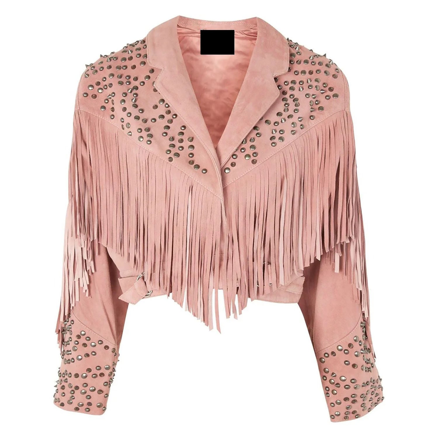 Beige Suede Leather Fringe Studded Jacket For Women close-up detail