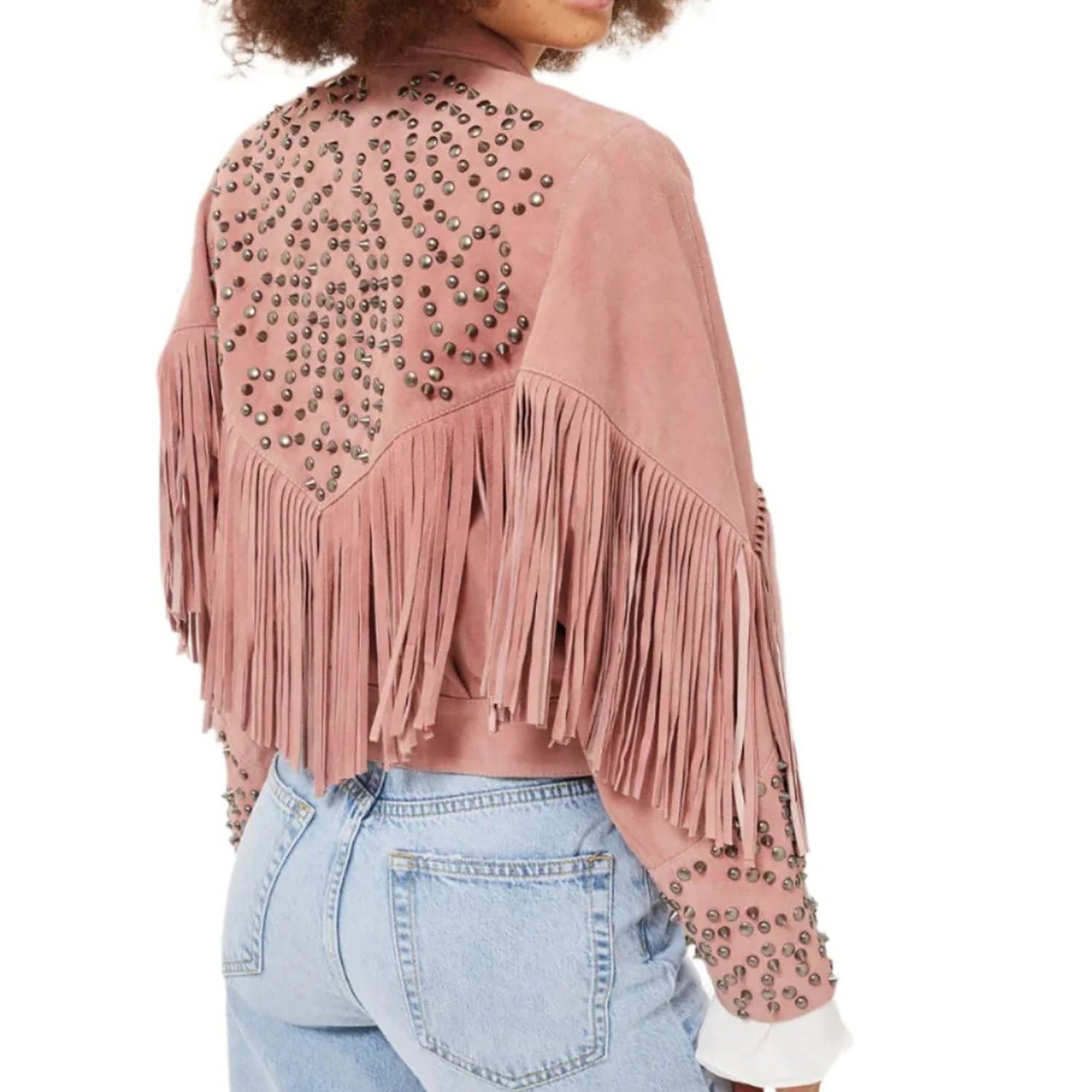 Beige Suede Leather Fringe Studded Jacket For Women styled look
