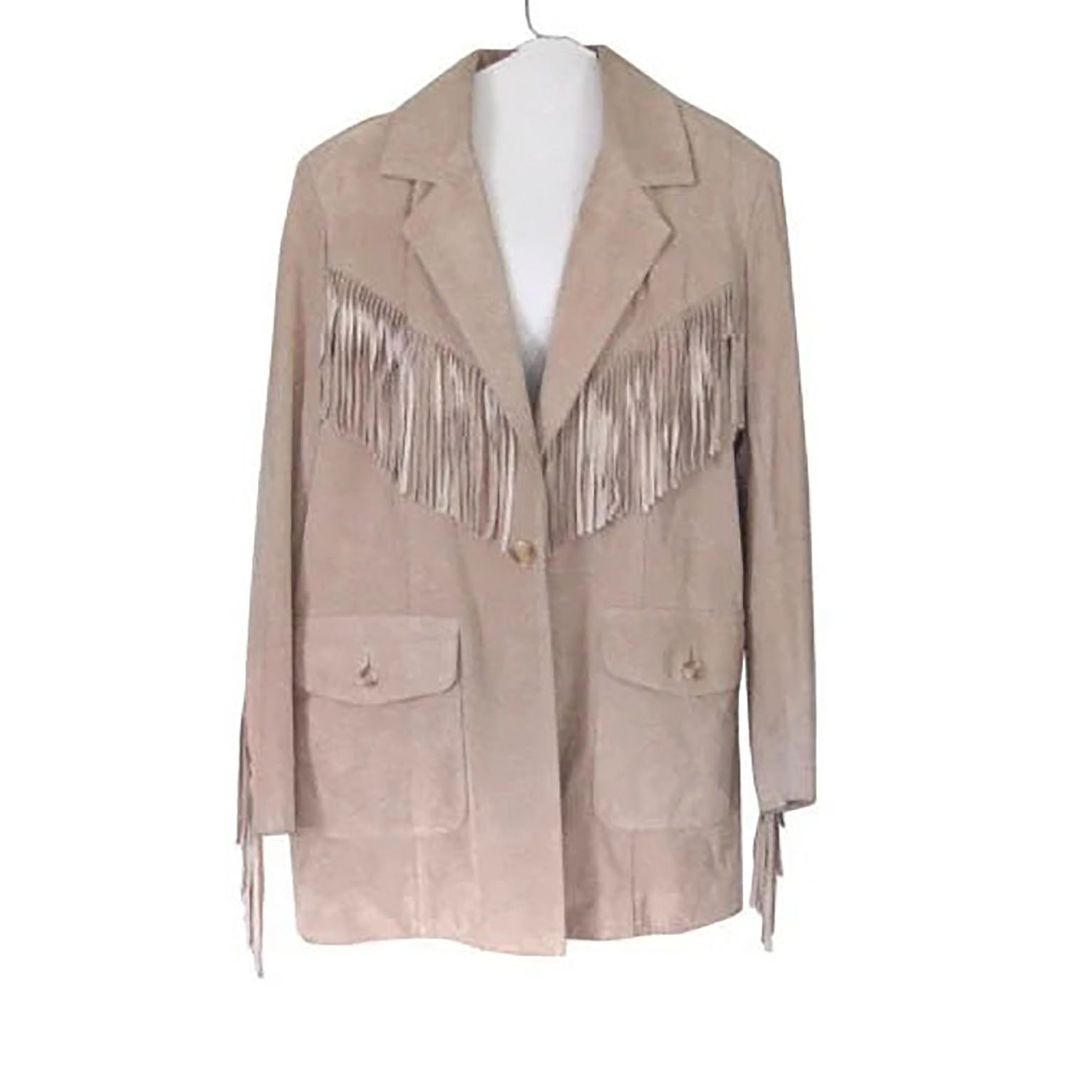 Beige Suede Leather Fringes Jacket Coat For Women front view