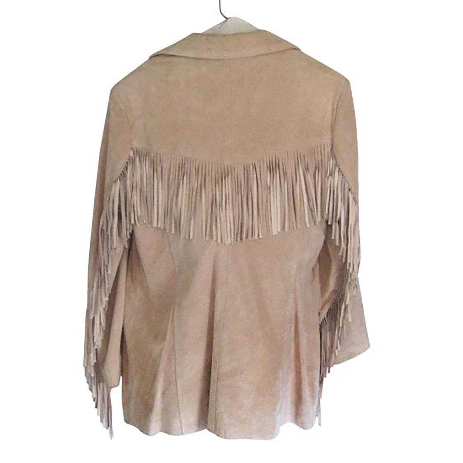 Beige Suede Leather Fringes Jacket Coat For Women side view