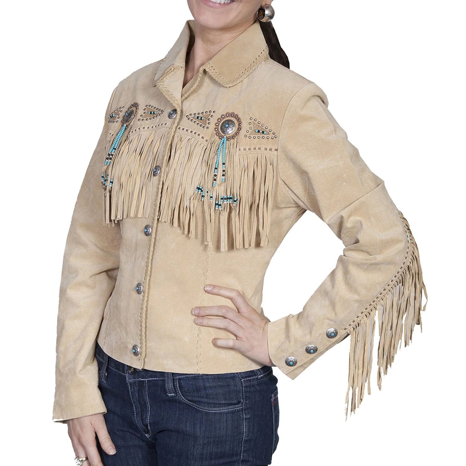 Beige Suede Leather Fringes Jacket For Women front view