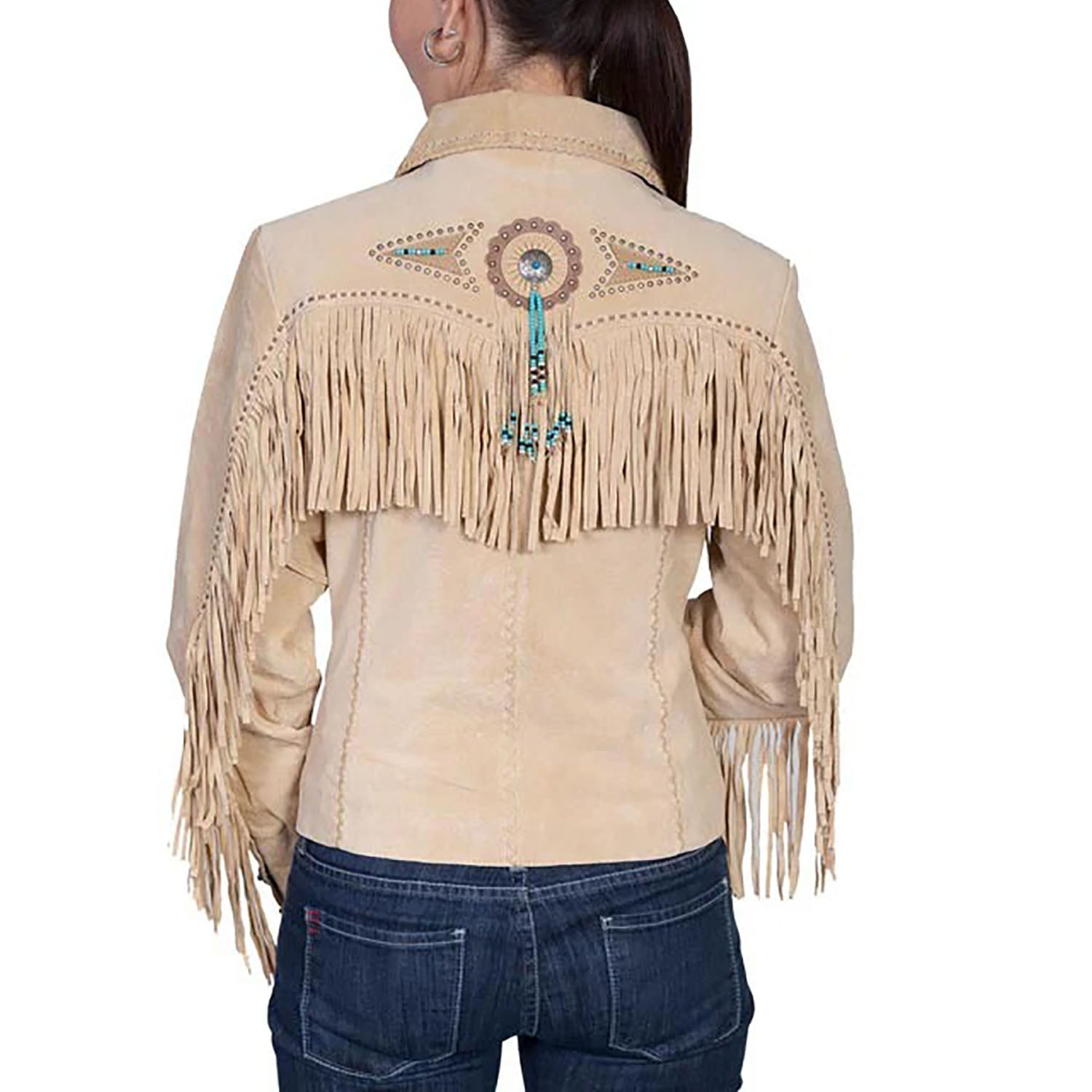 Beige Suede Leather Fringes Jacket For Women side view