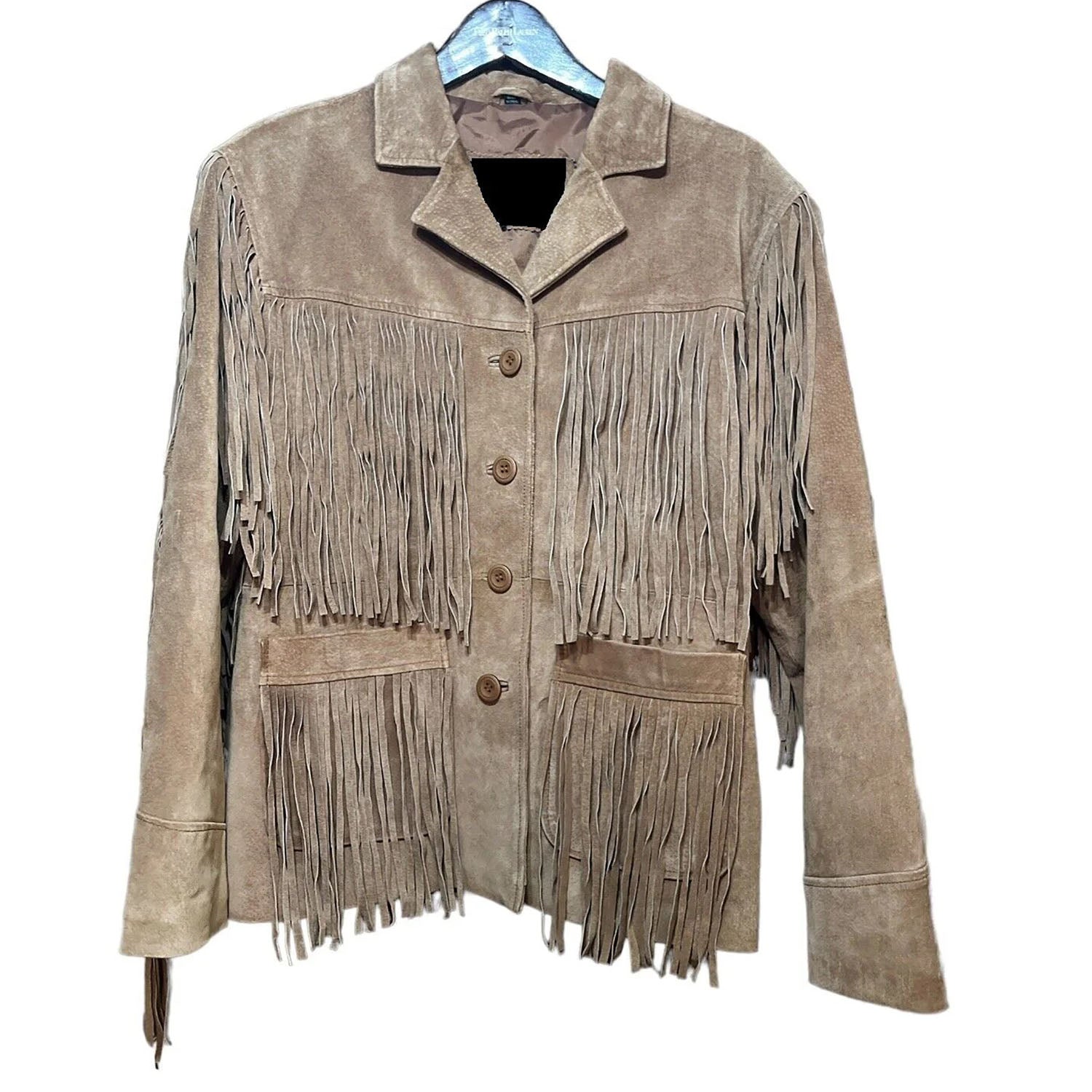 Beige Suede Leather Fringes Jacket For Women front view