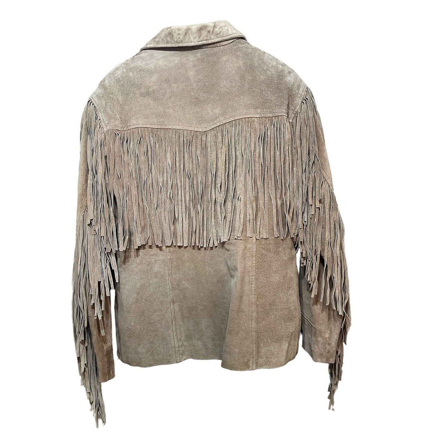 Beige Suede Leather Fringes Jacket For Women side view