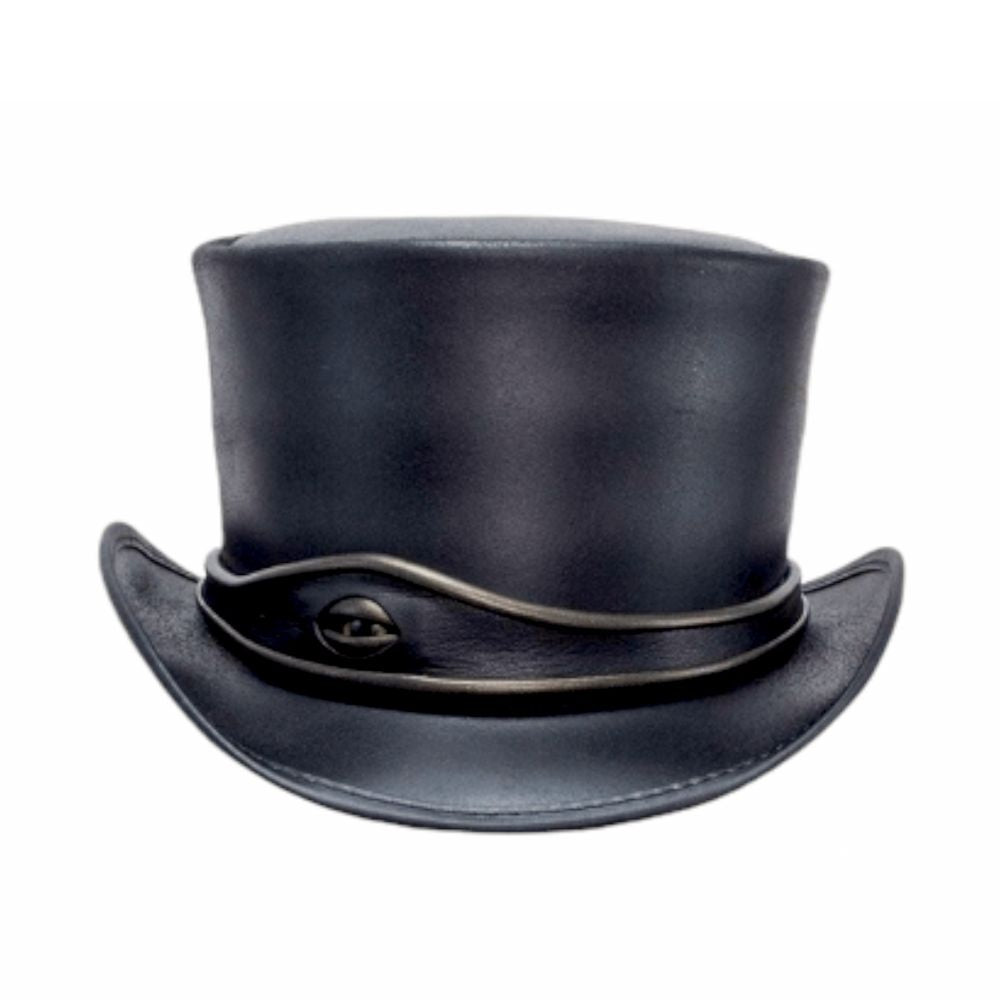 Black top hat with a decorative band on a white background