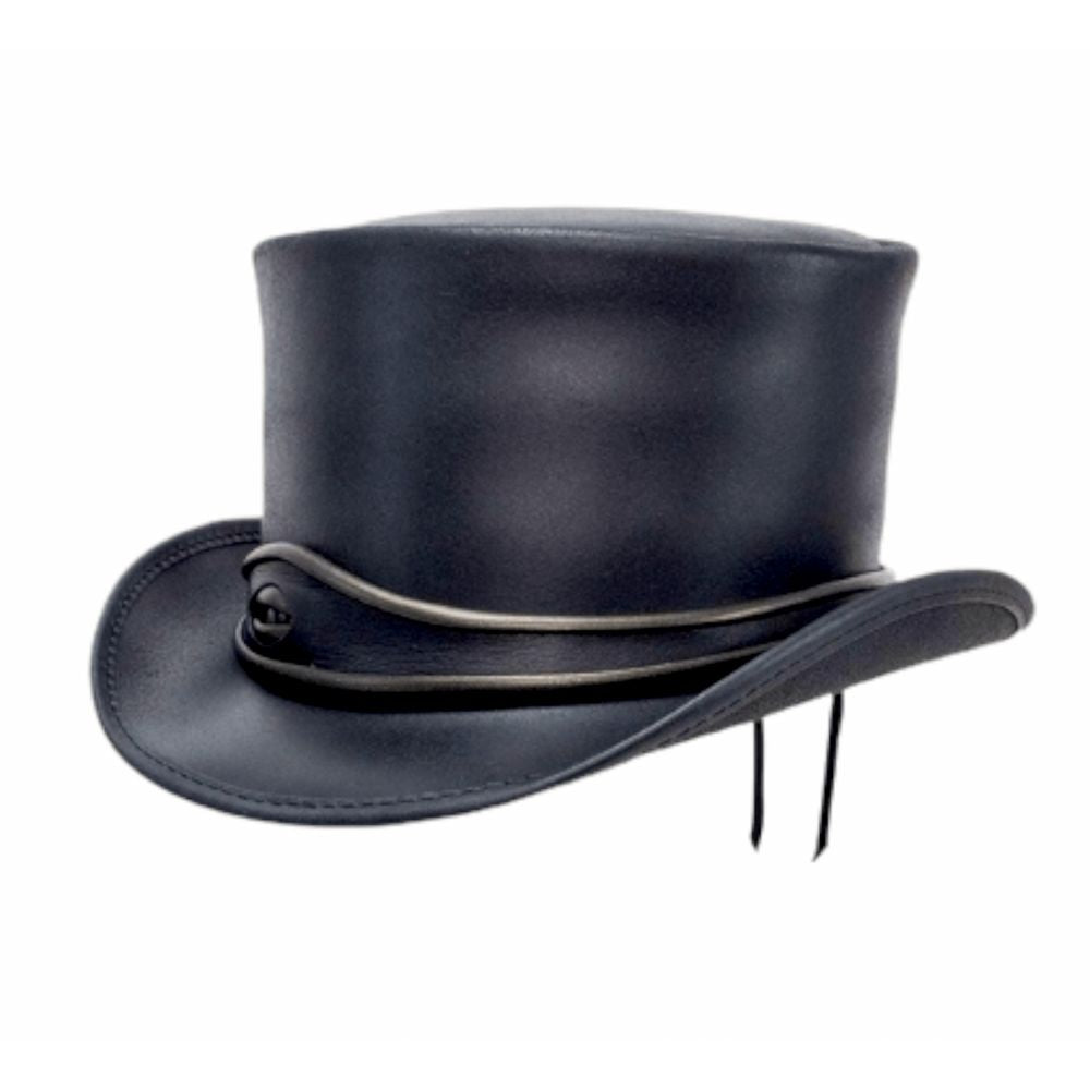 Black top hat with a band on a white background