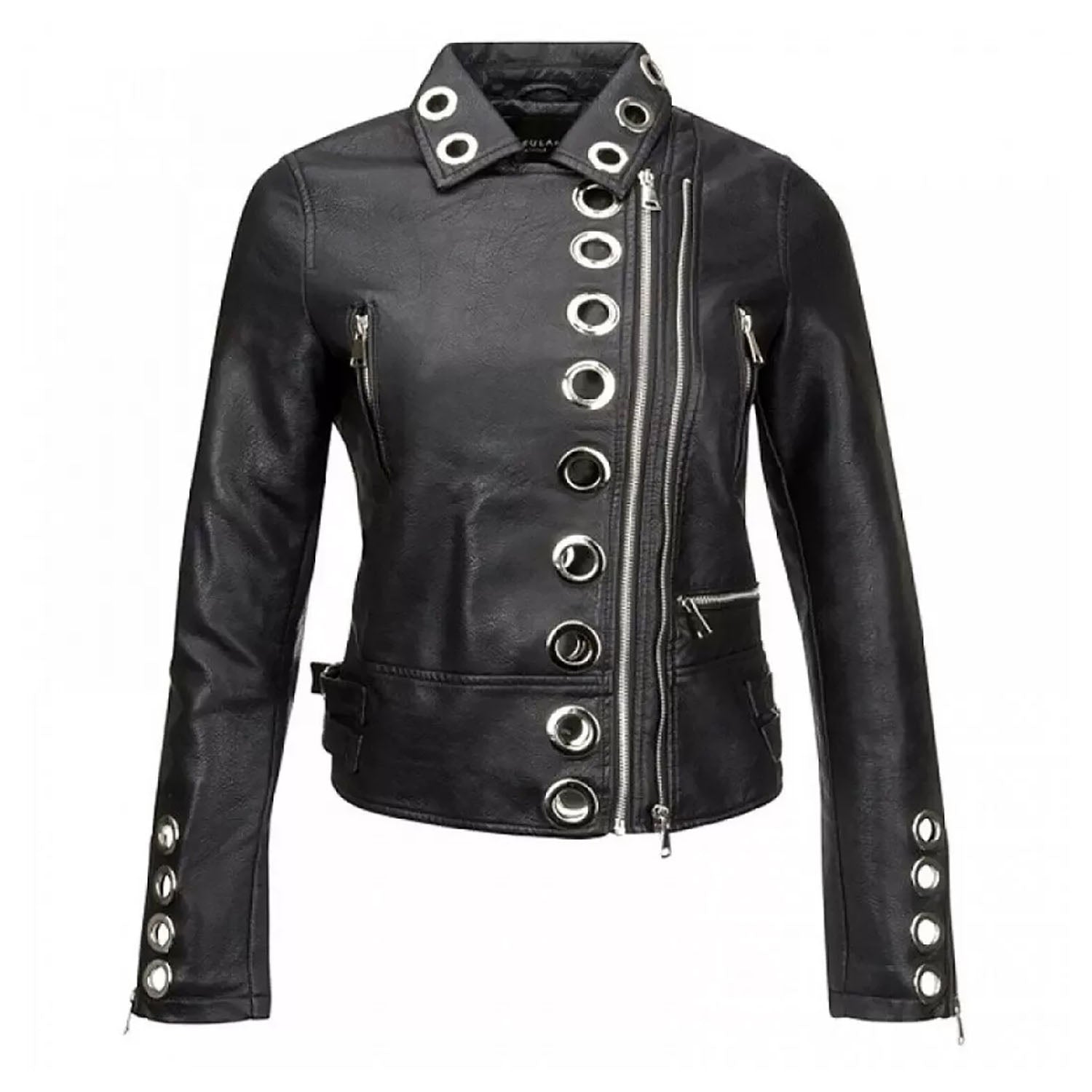 Black Leather Biker Jacket Silver Metal Ring For Women front view