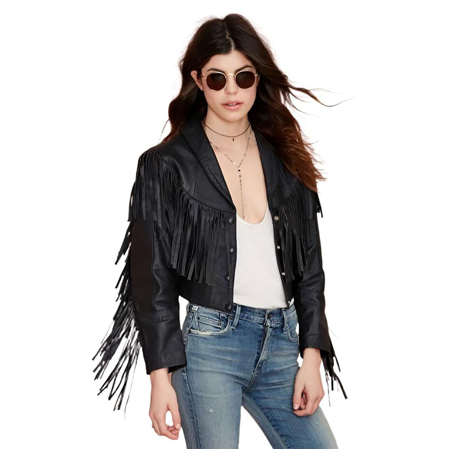 Black Leather Fringe Biker Jacket For Women front view