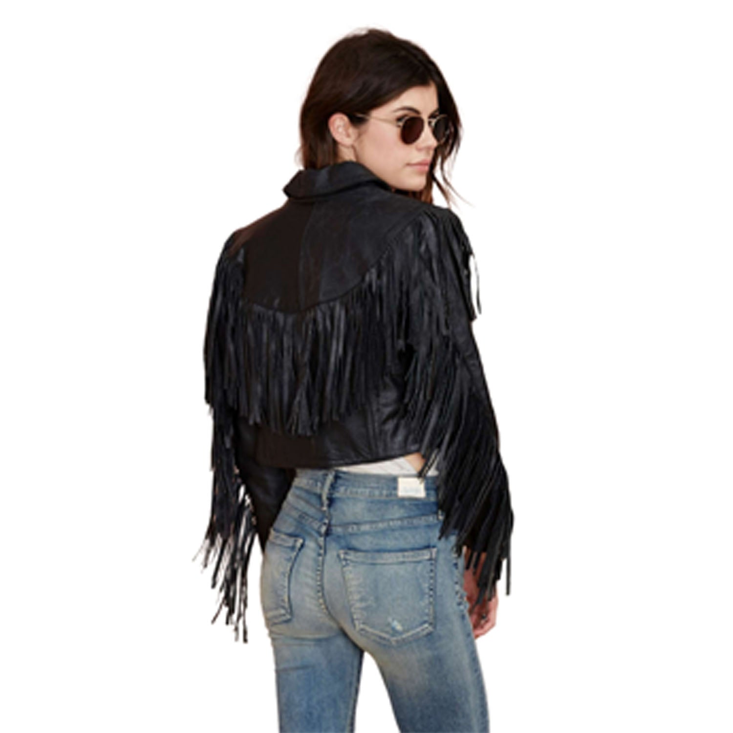 Black Leather Fringe Biker Jacket For Women side view