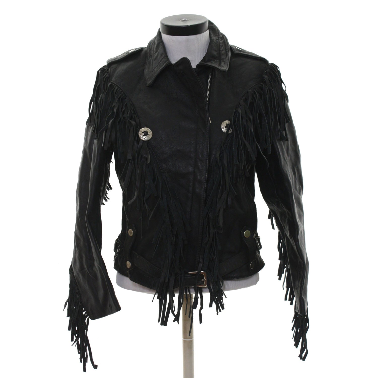 Black Leather Fringe Biker Jacket For Women front view
