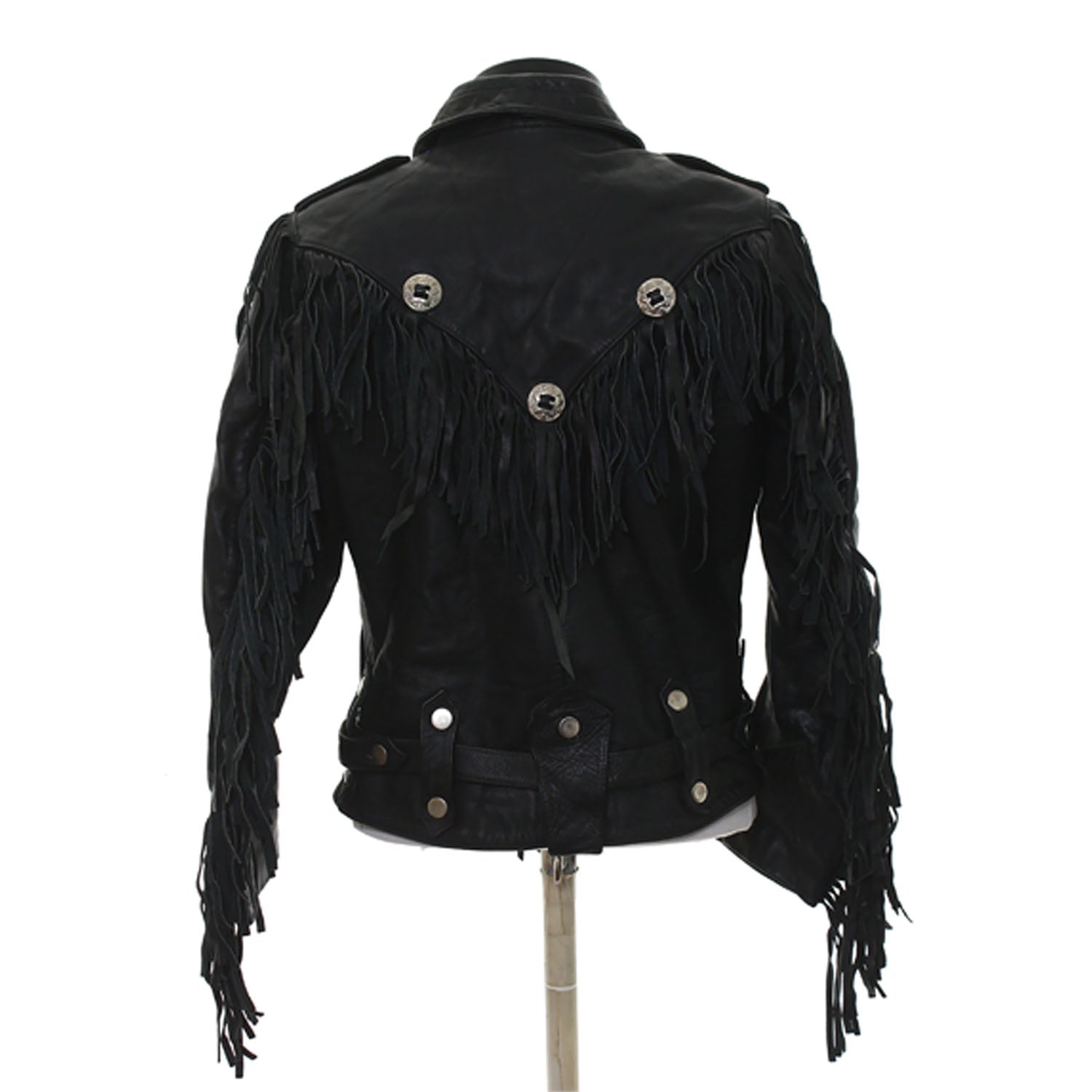 Black Leather Fringe Biker Jacket For Women side view