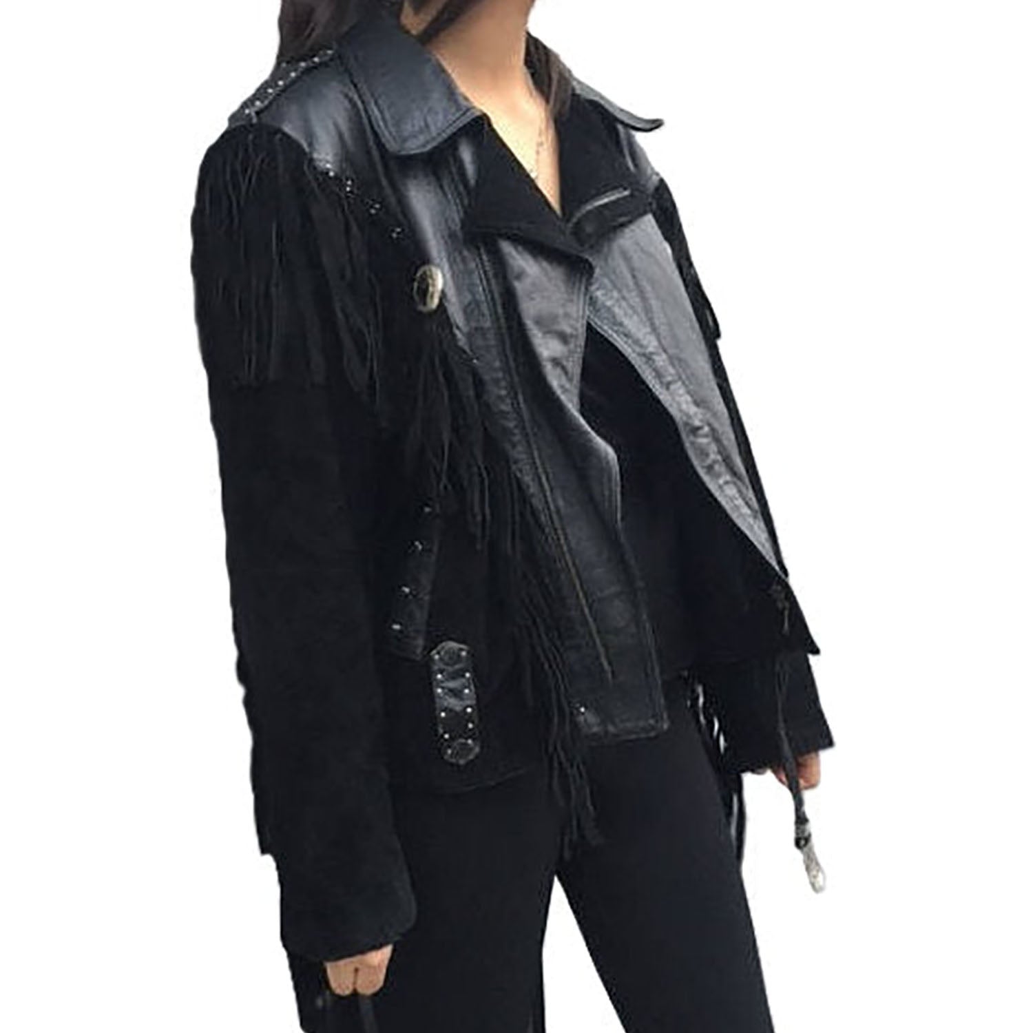 Black Leather Fringe Biker Jacket For Women front view