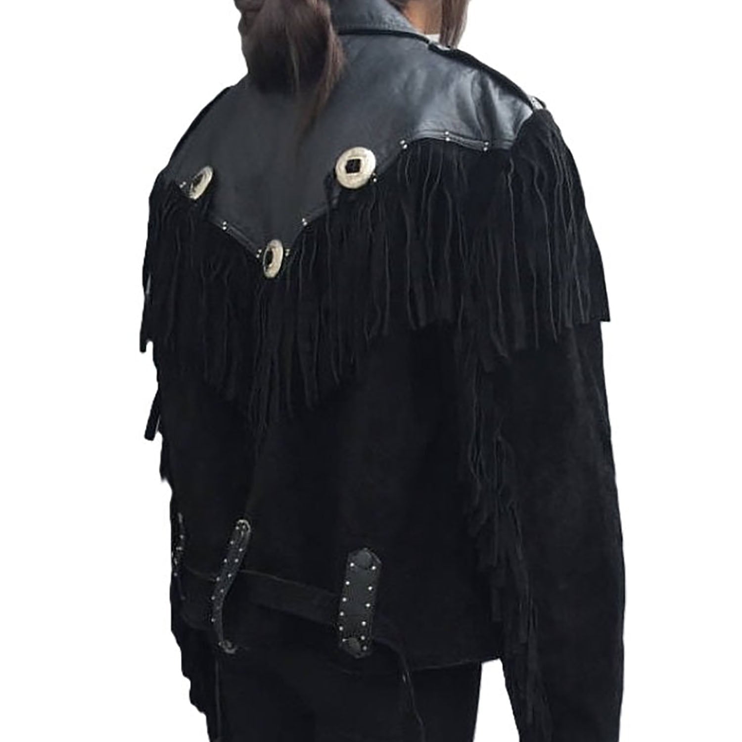 Black Leather Fringe Biker Jacket For Women side view