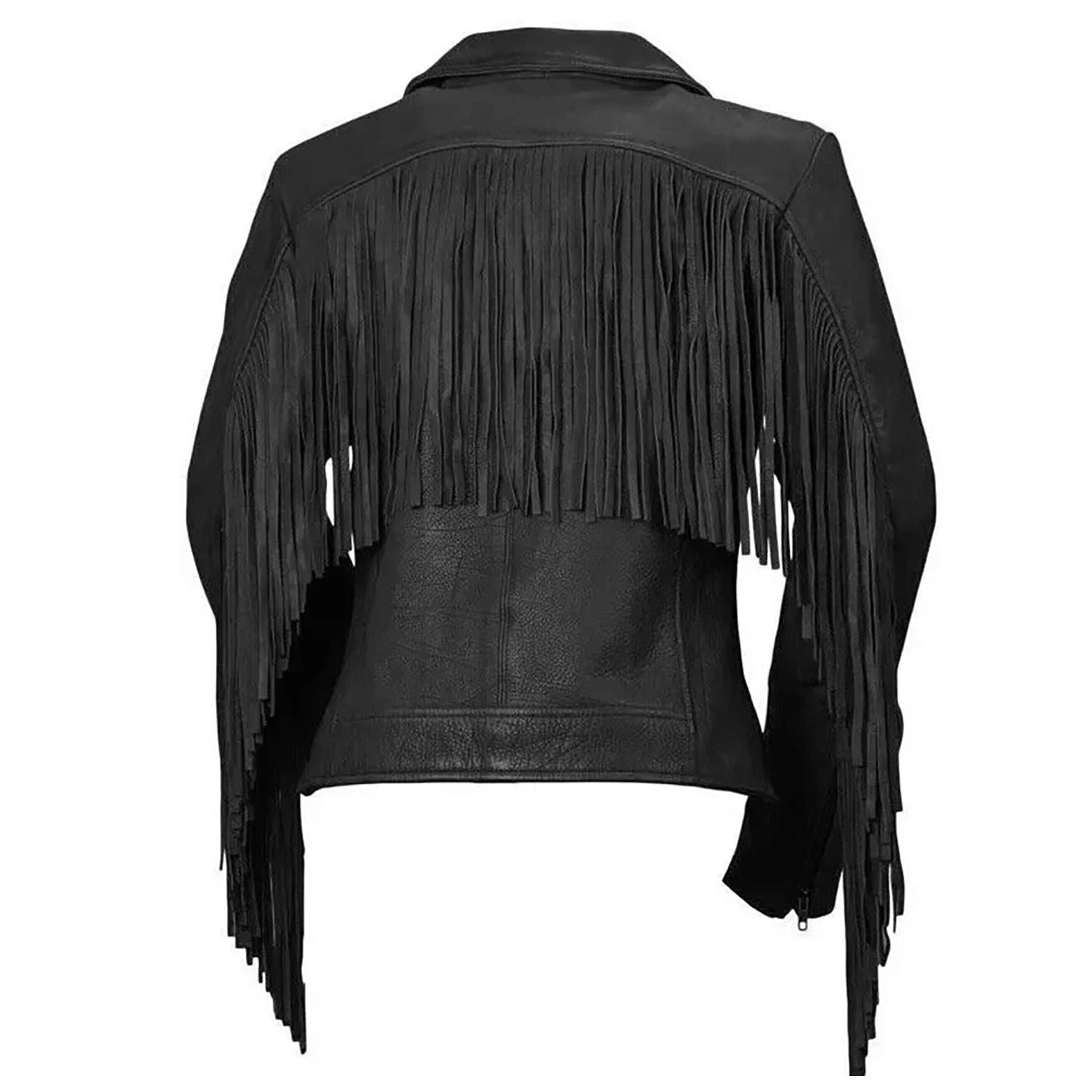 Black Leather Fringe Biker Jacket For Women side view