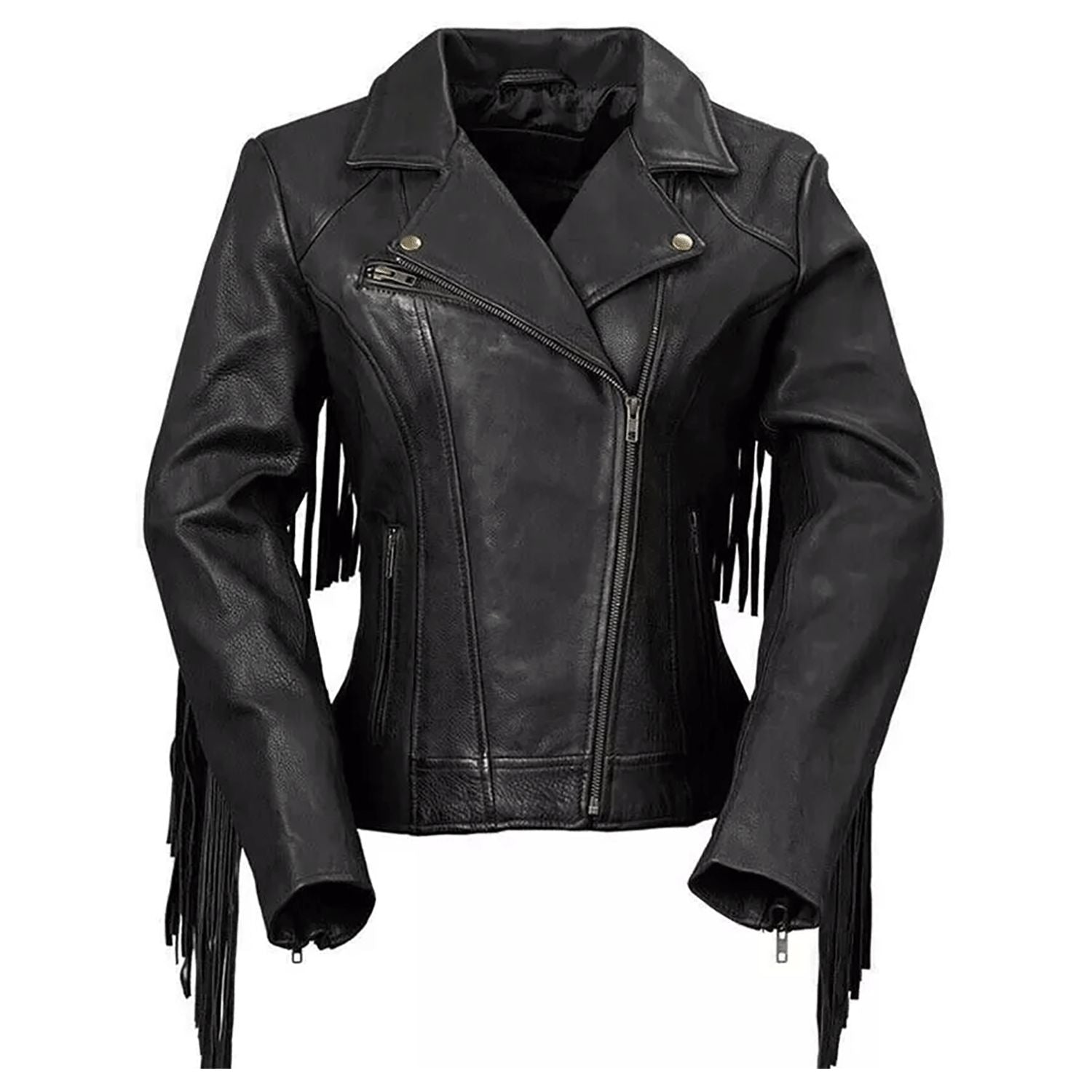 Black Leather Fringe Biker Jacket For Women front view