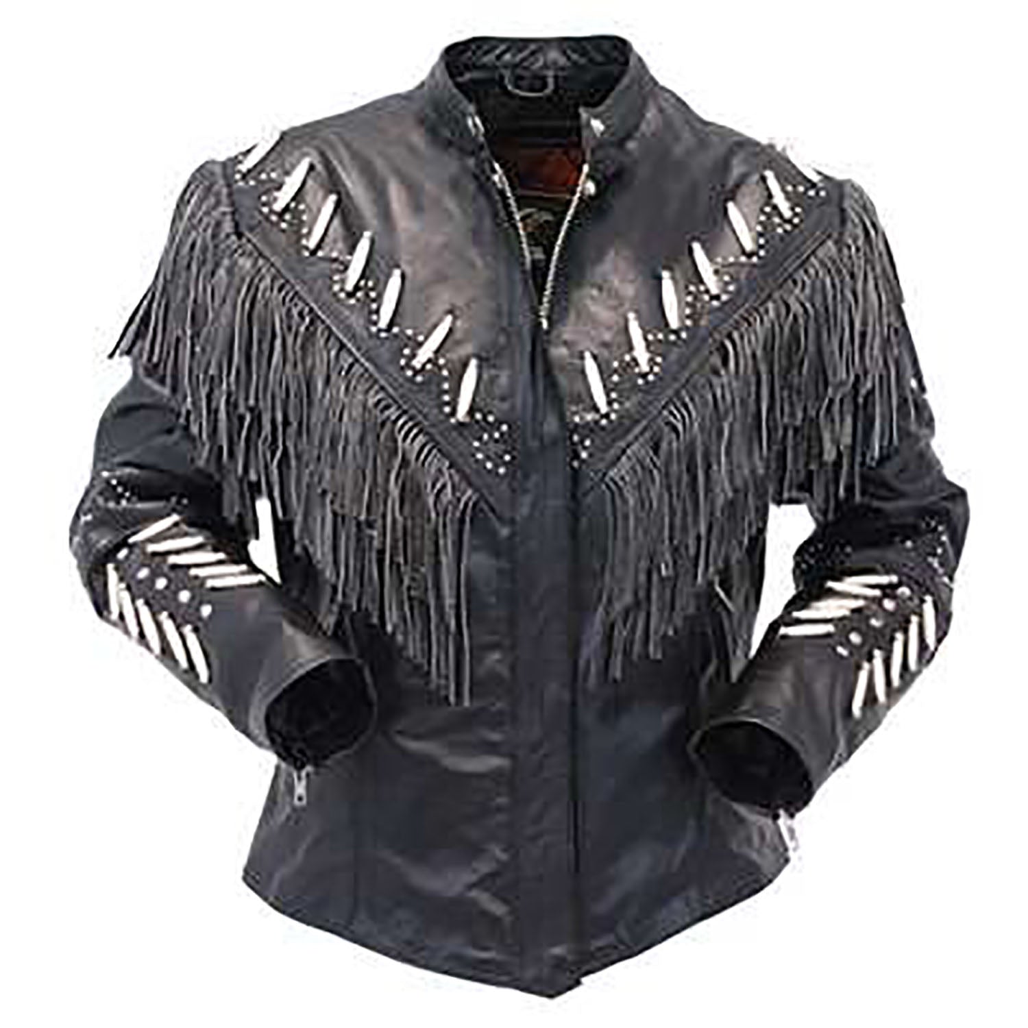 Black Leather Fringe Bone Biker Jacket For Women front view