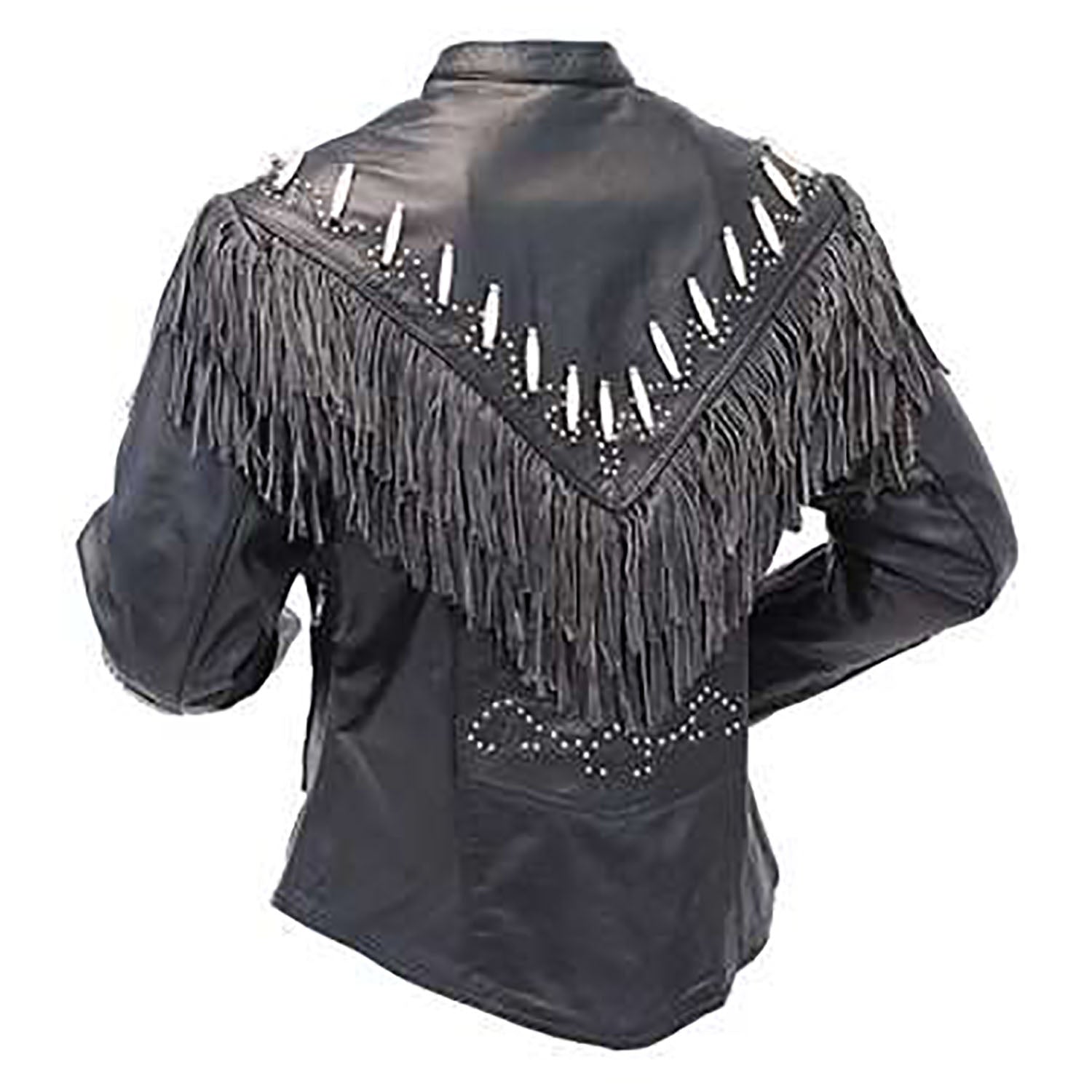 Black Leather Fringe Bone Biker Jacket For Women side view