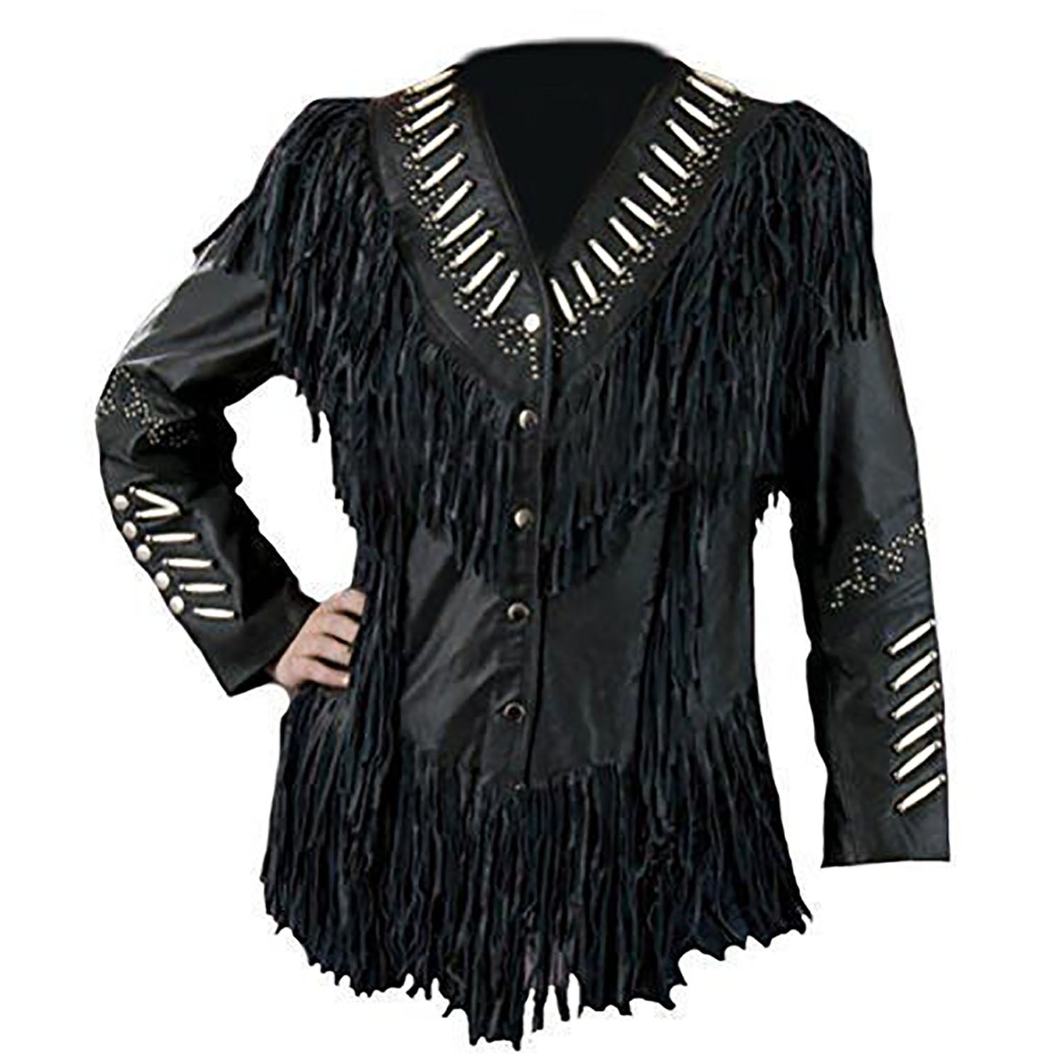 Black Leather Fringe Bone work Jacket For Women front view