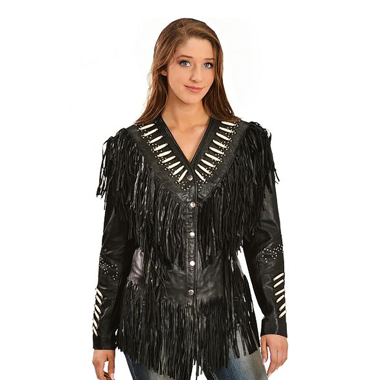 Black Leather Fringe Bone work Jacket For Women side view