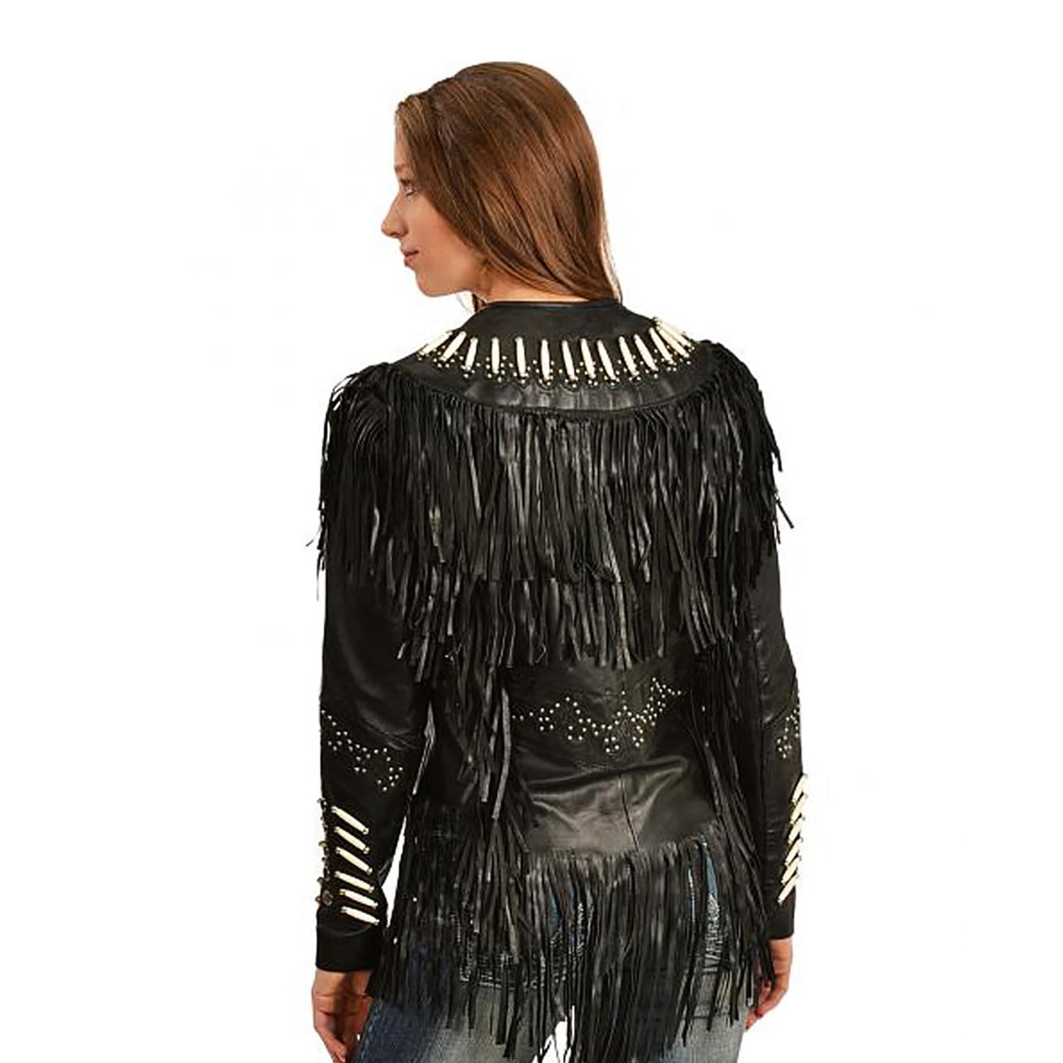 Black Leather Fringe Bone work Jacket For Women back view