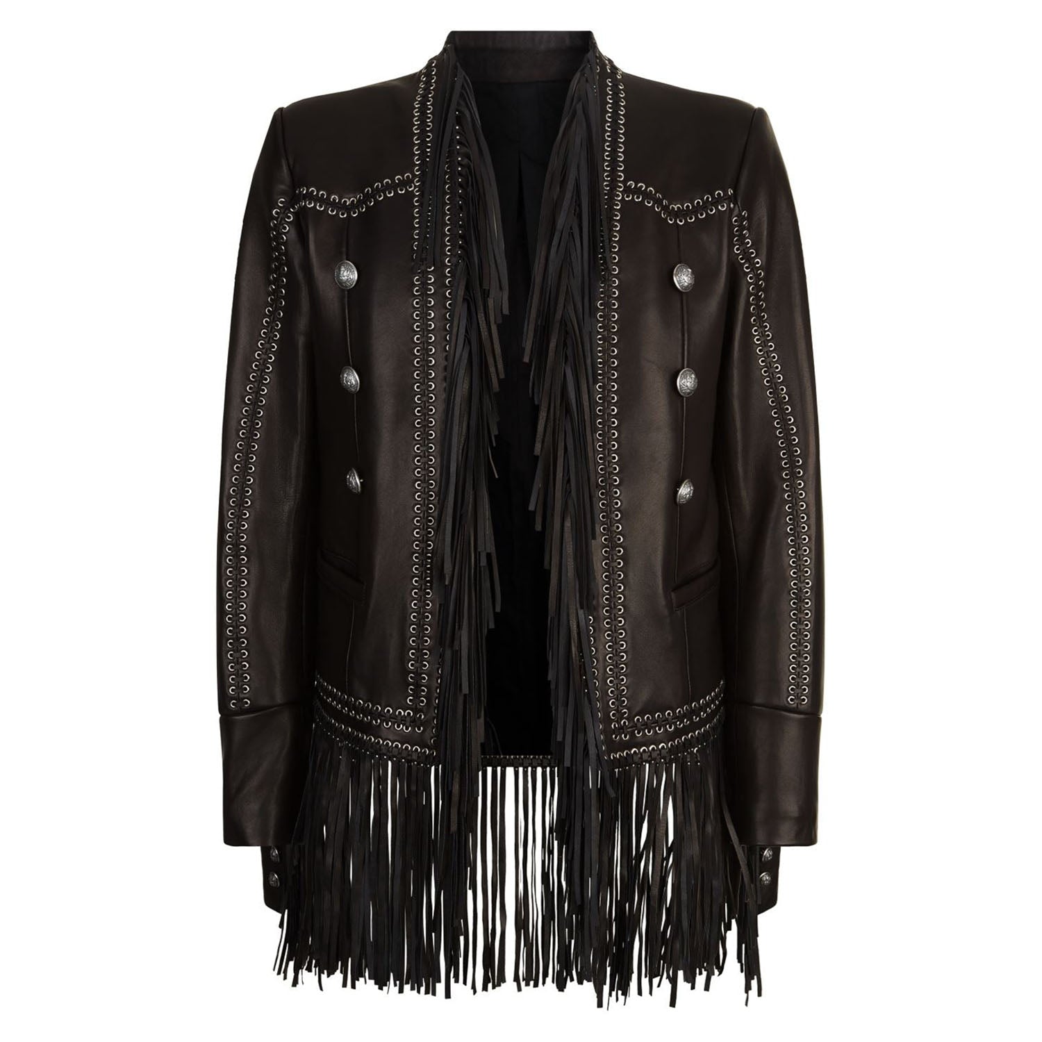 Black Leather Fringe Jacket For Women front view