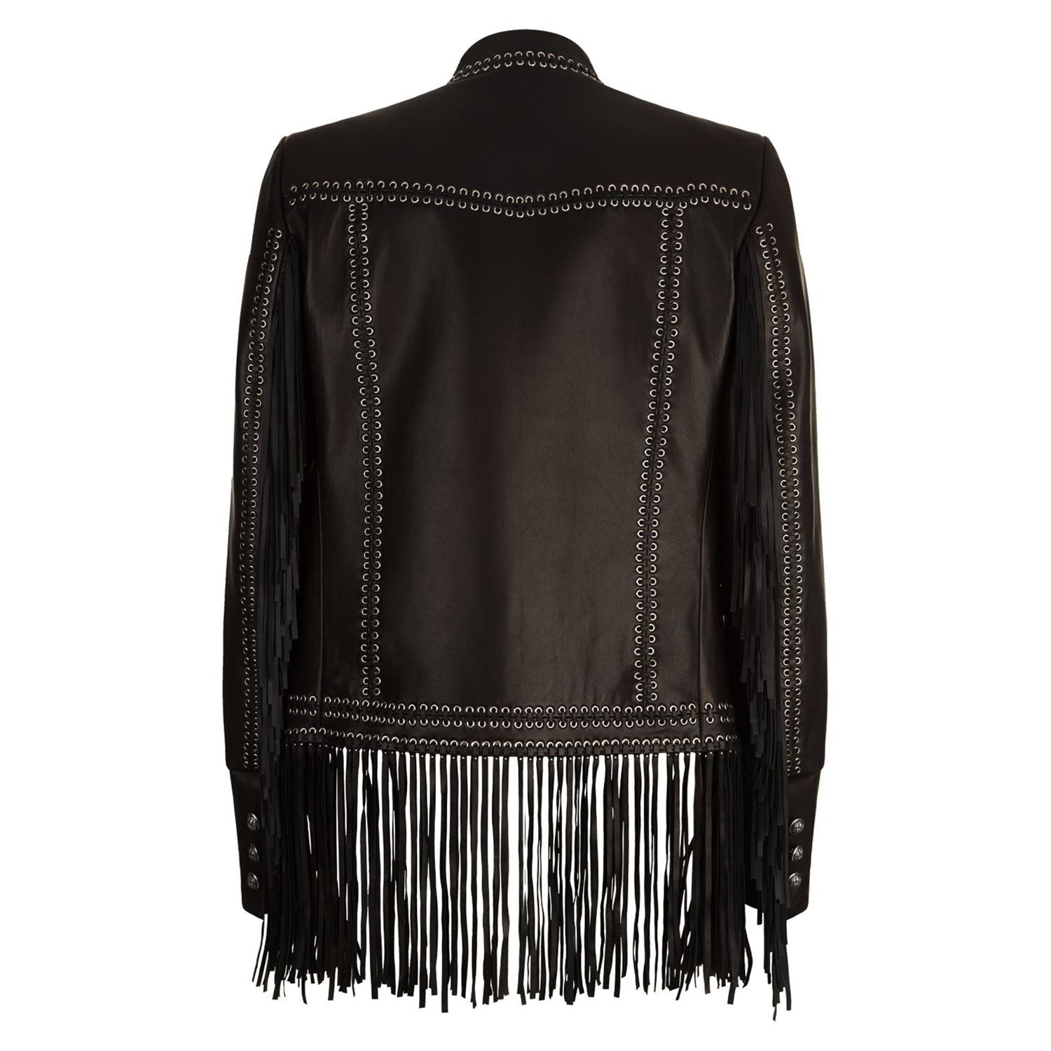 Black Leather Fringe Jacket For Women side view