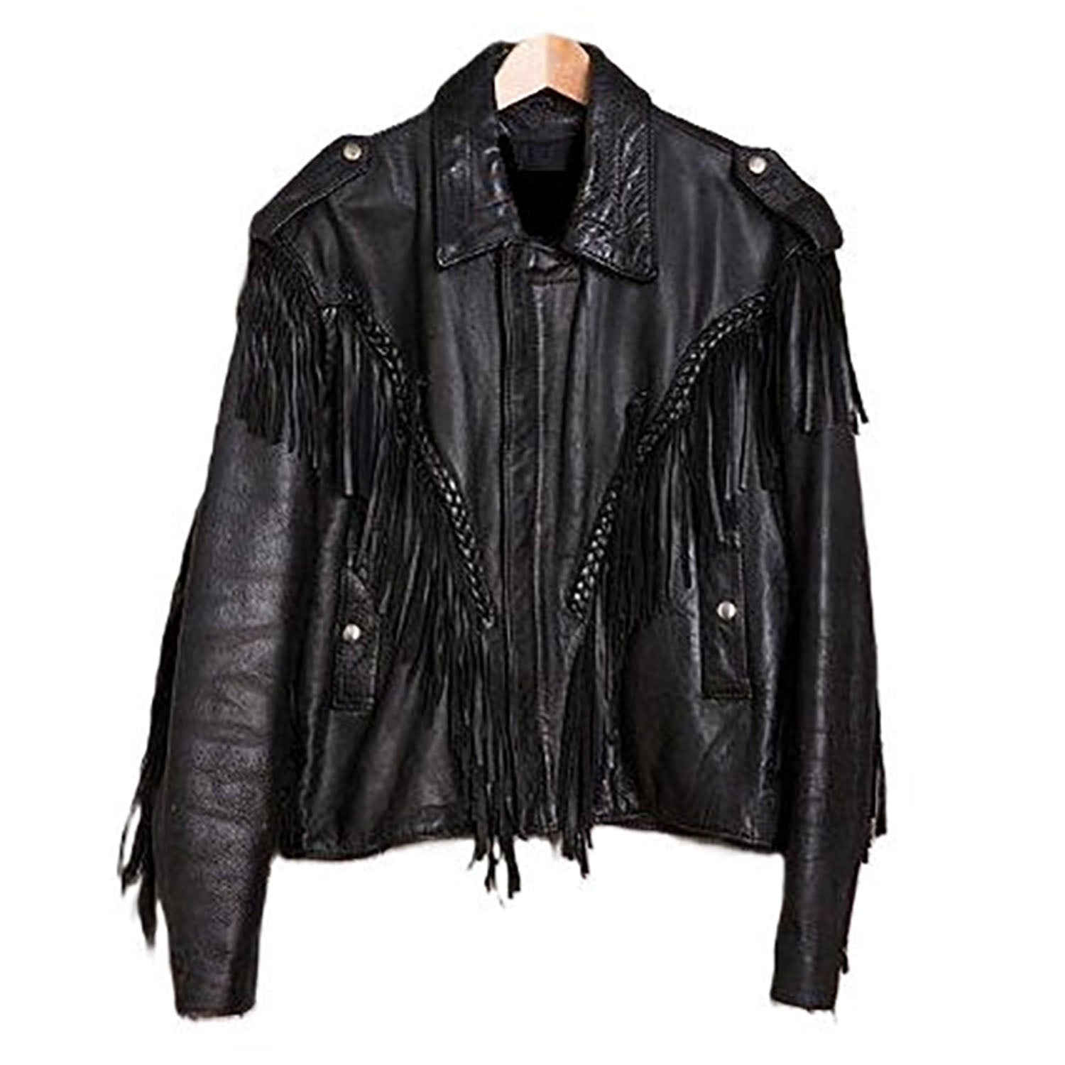 Black Leather Fringed Biker Jacket For Women front view