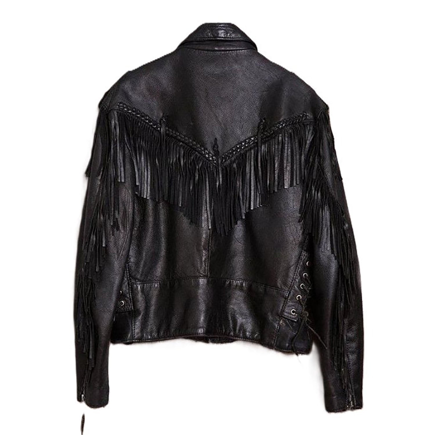 Black Leather Fringed Biker Jacket For Women side view