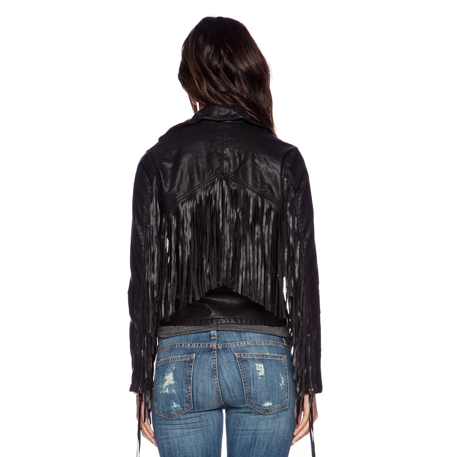 Black Leather Fringed Biker Jacket For Women side view