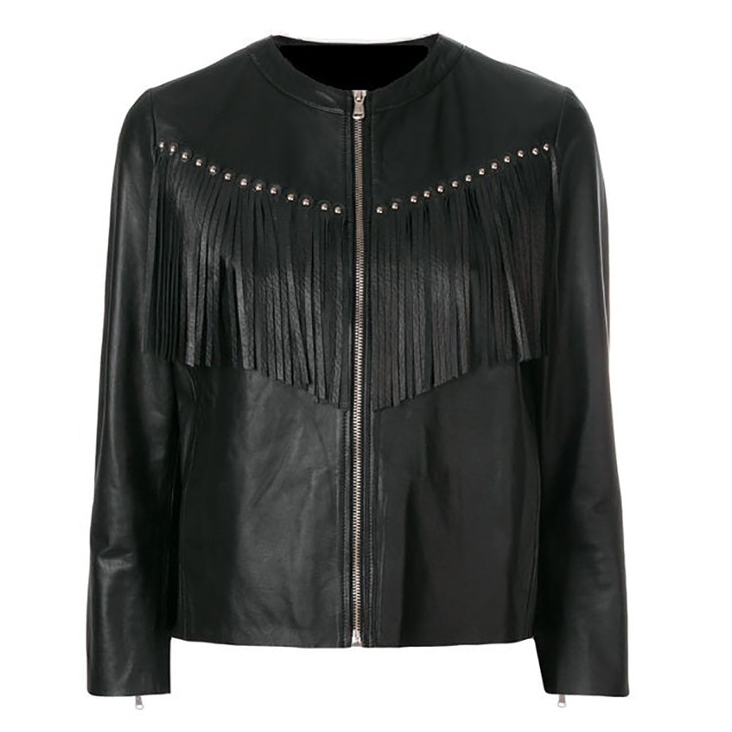 Black Leather Fringes Biker Jacket For Women front view