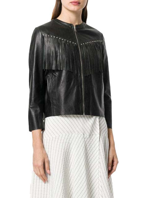 Black Leather Fringes Biker Jacket For Women side view