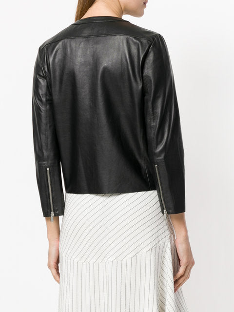Black Leather Fringes Biker Jacket For Women back view