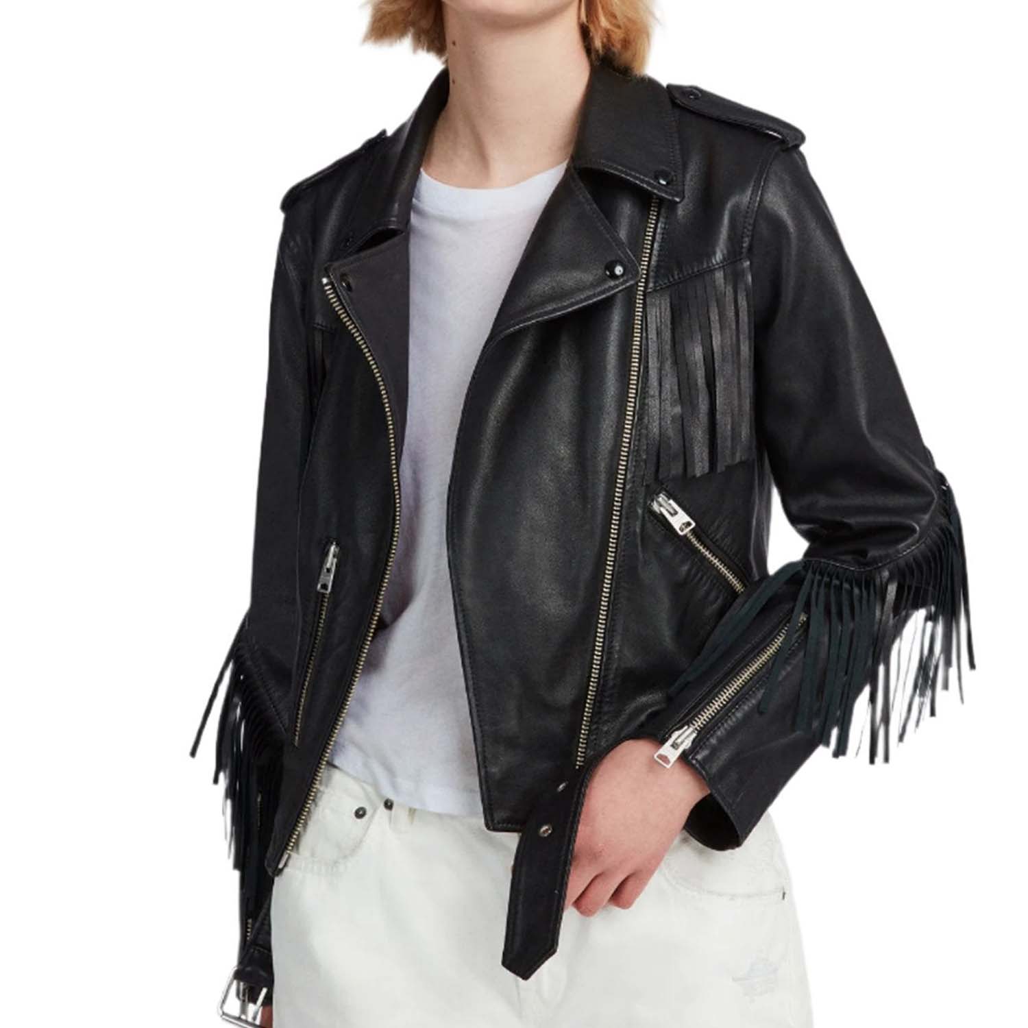 Black Leather Fringes Biker Jacket For Women front view