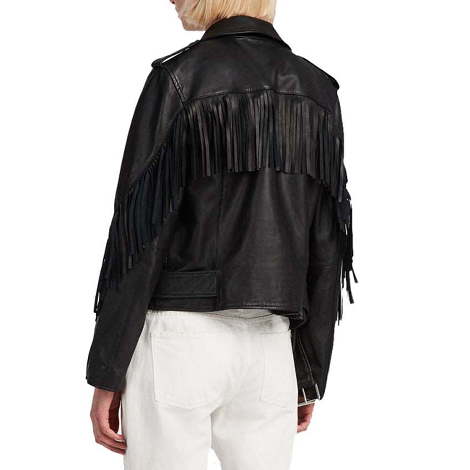 Black Leather Fringes Biker Jacket For Women side view