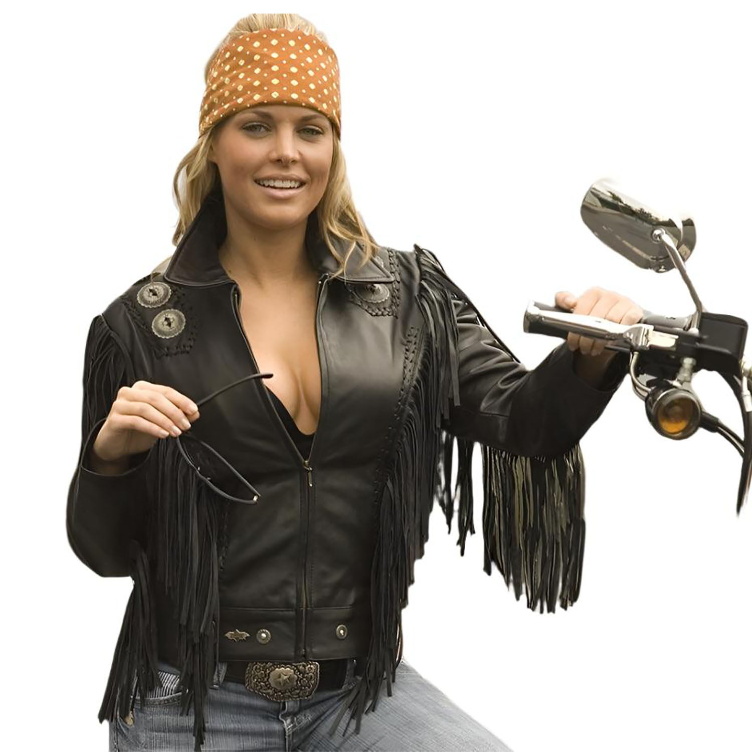Black Leather Fringes & Concho Biker Jacket For Women front view