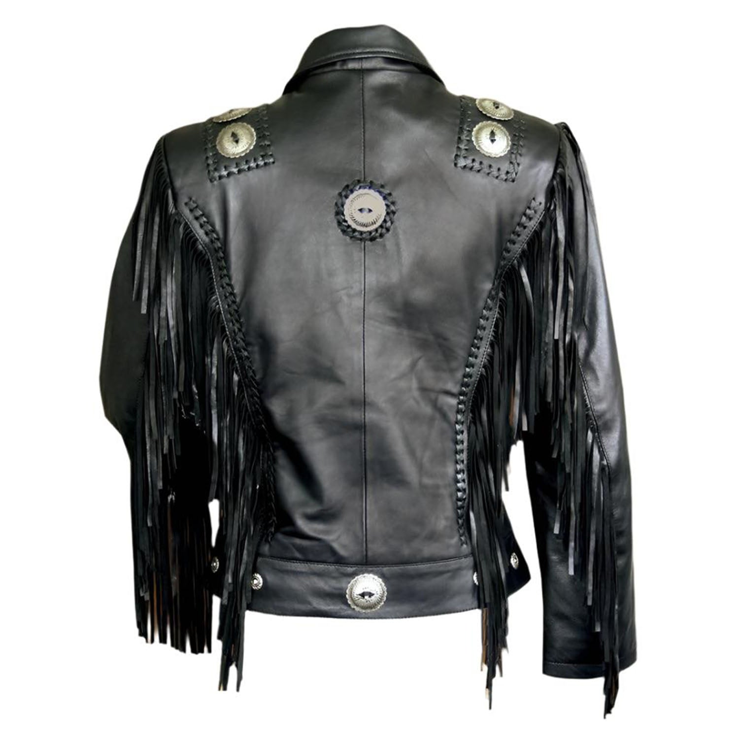 Black Leather Fringes & Concho Biker Jacket For Women side view