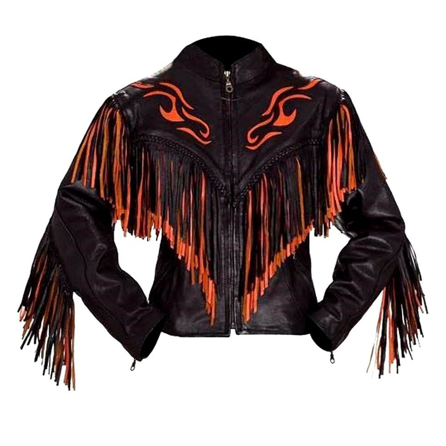 Black Leather Long Fringe Biker Jacket For Women front view