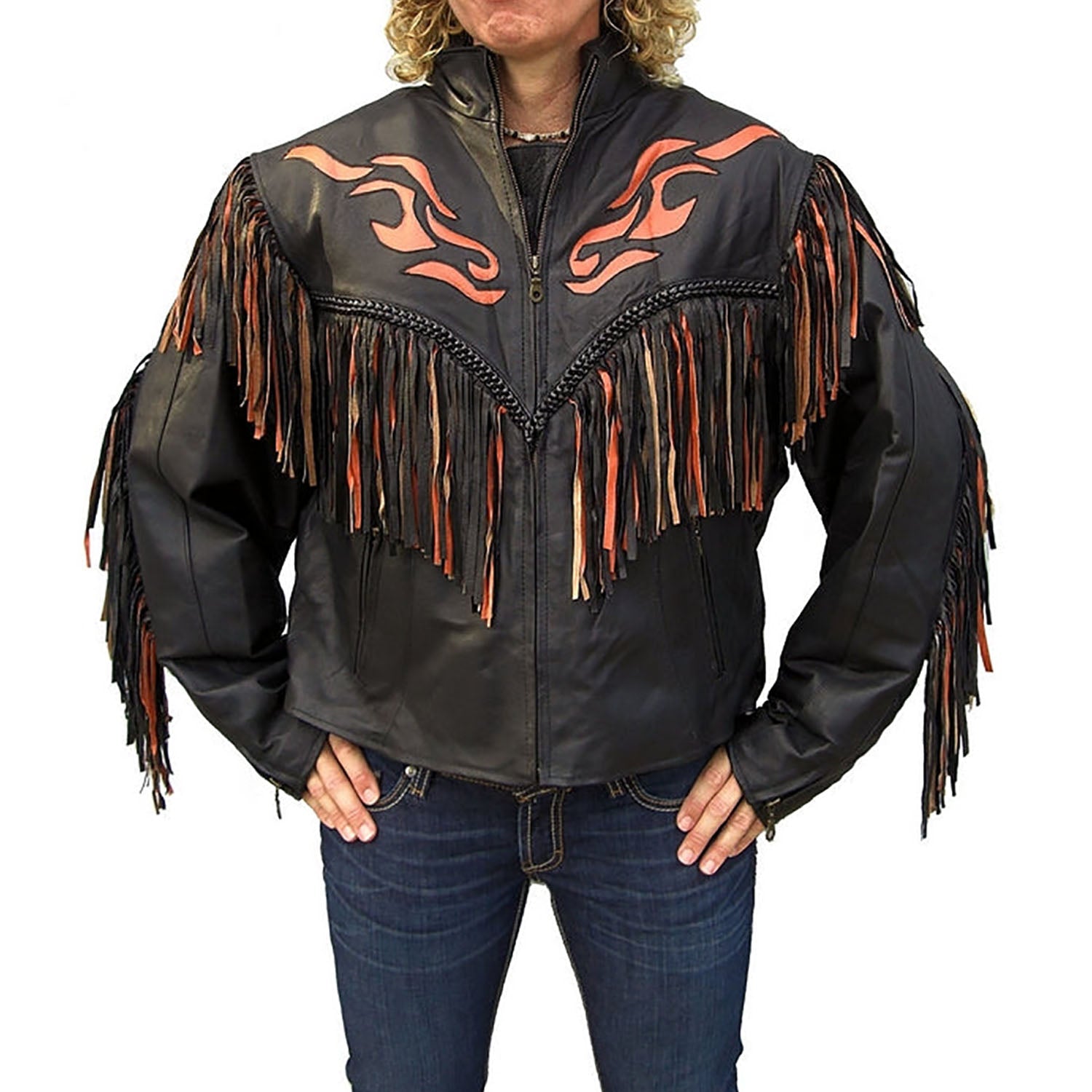 Black Leather Long Fringe Biker Jacket For Women side view
