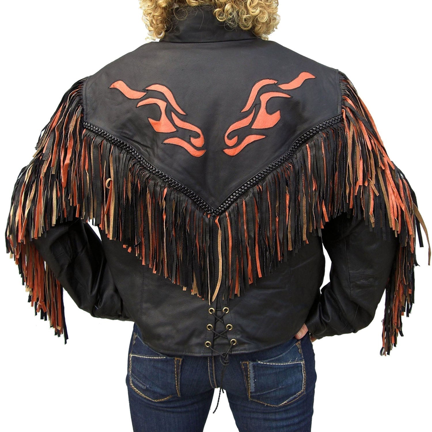 Black Leather Long Fringe Biker Jacket For Women back view