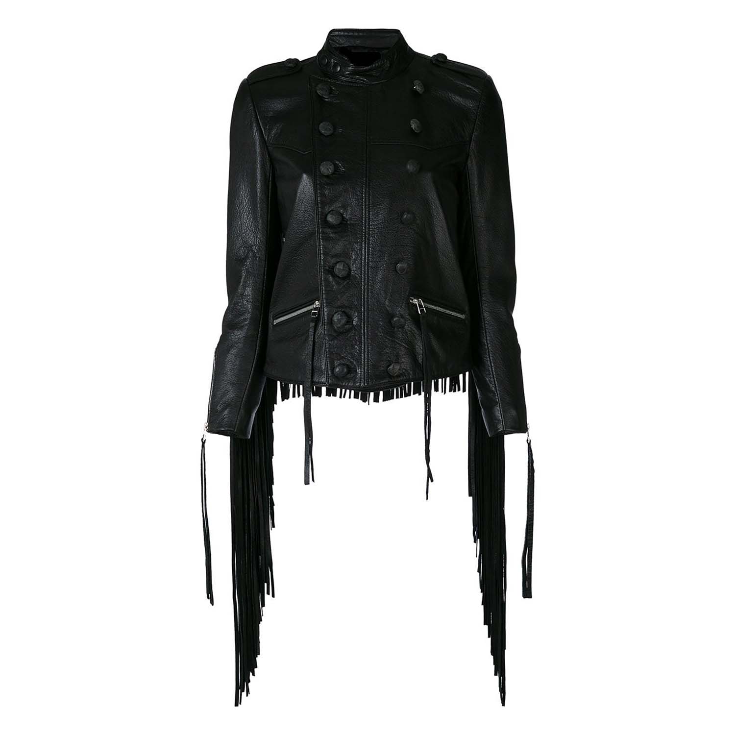 Black Leather Long Fringe Jacket For Women front view